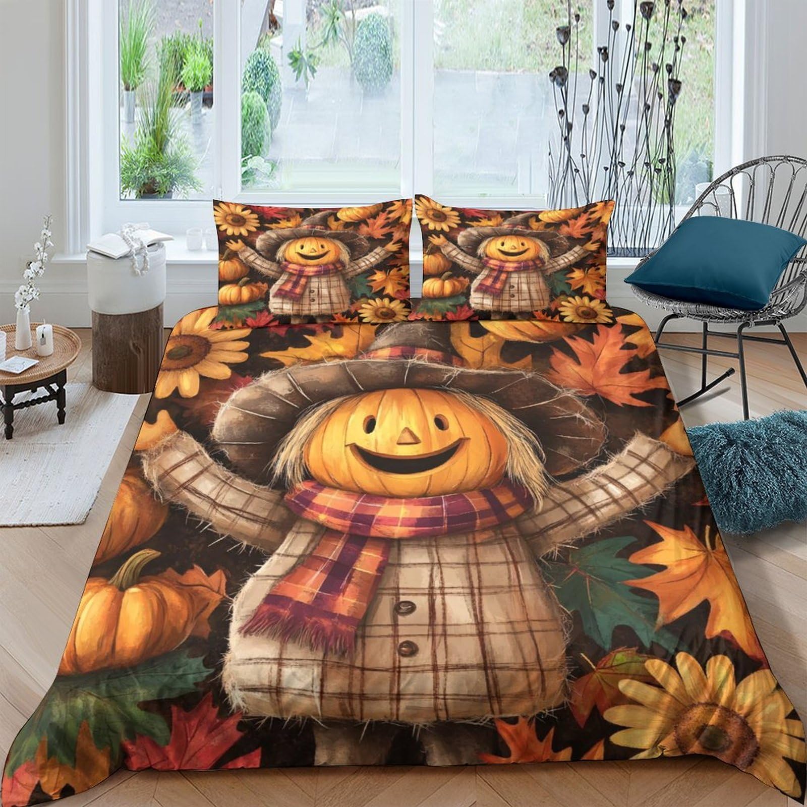 Ctjqhvkz Style-5 3D Printed Autumn Harvest Fitted Sheet Microfiber Soft Pumpkin Scarecrow Bed Cover For Bedroom Dorm Decor Protection Single（135X200cm）