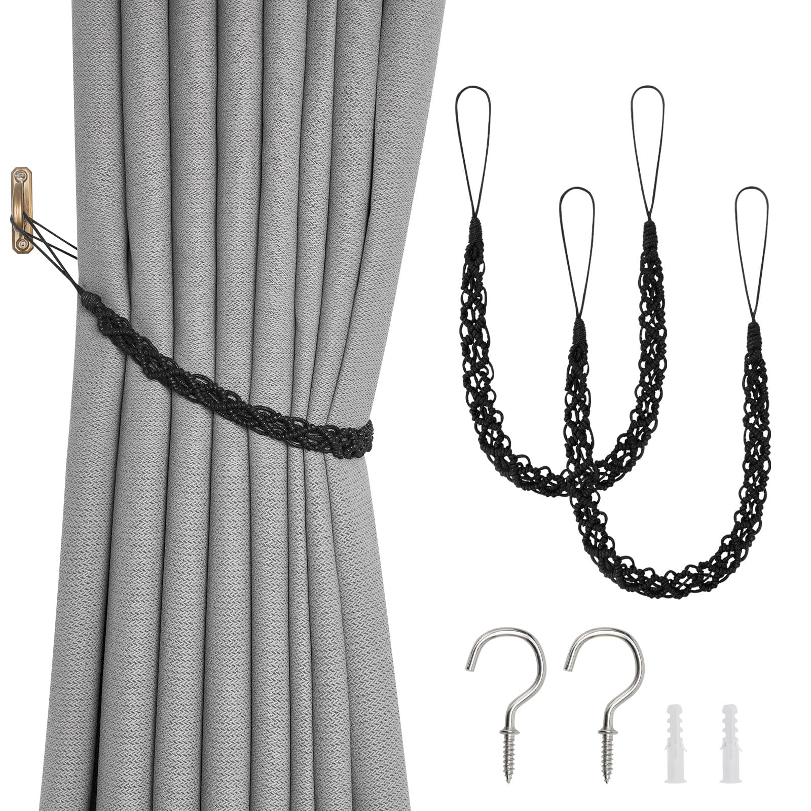 NICEEC 2 Pack Wax Rope Curtain Tiebacks Elegant Boho Style Decorative Drape Tie Backs Unique Hand-Woven Rope Curtain Holdbacks with Metal Hook for
