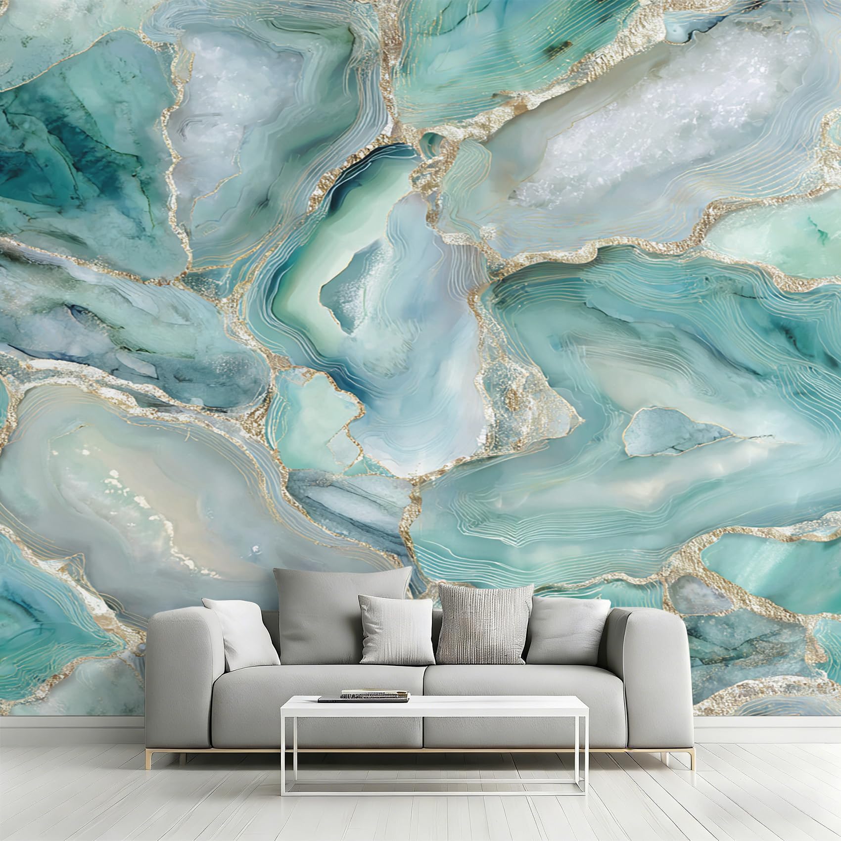 Marble Wallpaper, Teal Marble Texture Wall Mural for Living Room, Bedroom, Non-Woven Wall Papaer Decoration, Photo Wallpaper & Home Decor, 300x210 cm (WxH) K-MZ&3