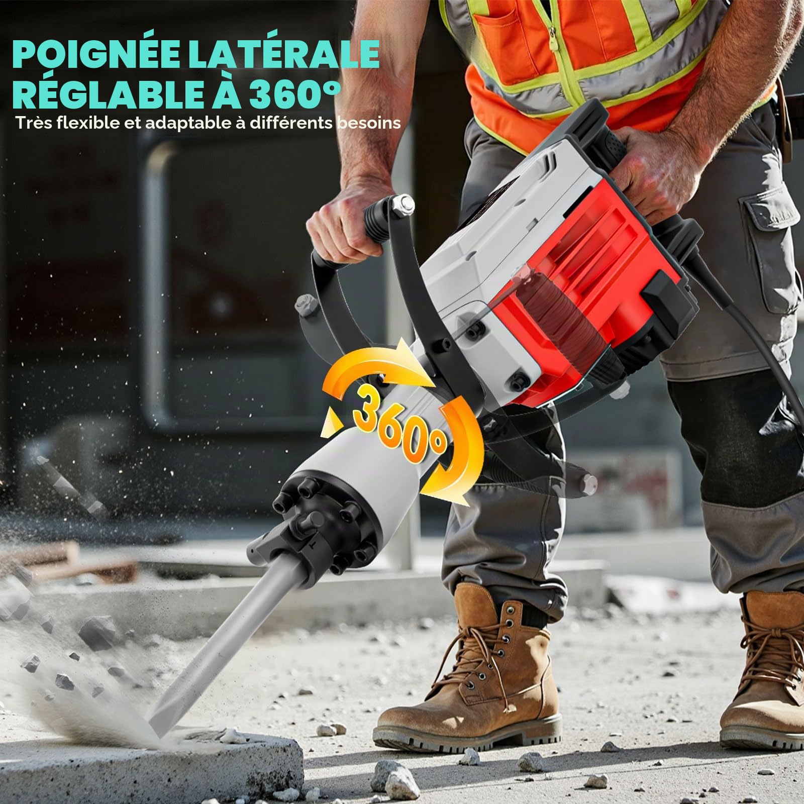 Marteau de Démolition 3500W – 60 J, 1800 BPM, 2 Burins (Plat & Pointe), Poignée 360° Anti-Vibration, pour Béton et Travaux Lourds