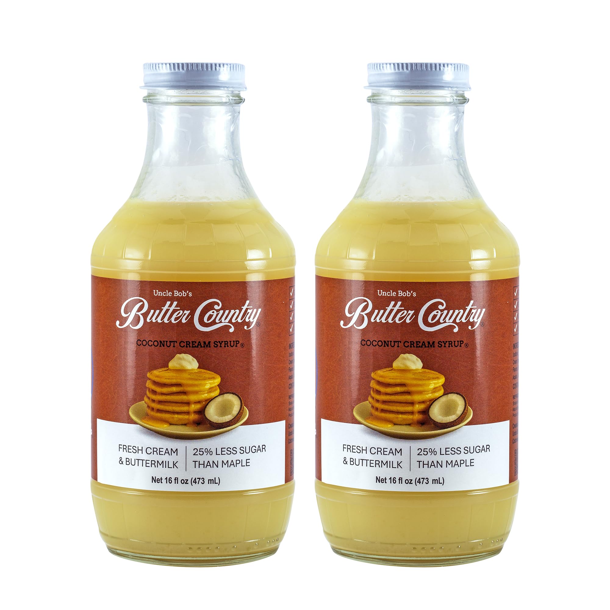 Uncle Bob's Butter Country Rich & Creamy Coconut Syrup for Pancakes and Waffles, Less Sugar, No Corn Syrup, Gluten Free, Made without Artificial Flavors, 16 fl oz Bottle/2 Pack