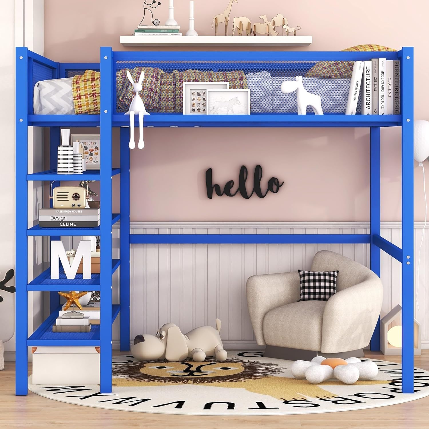 Bellemave Full Size Metal Loft Bed with 4Tier Shelves and