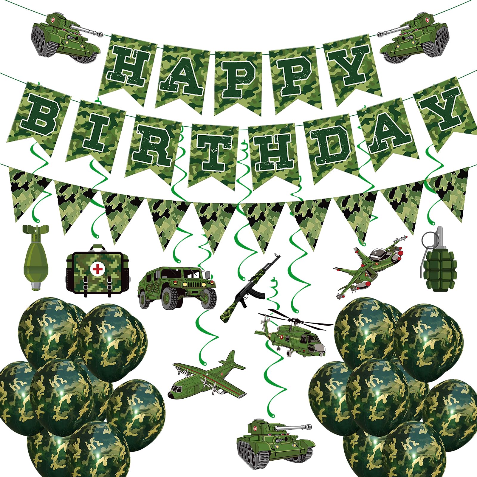 Army Birthday Party Decorations Camouflage Decoration Set Military Themed Happy Birthday Banner Camo Balloons Garlands Hanging Swirls Decor for Boys