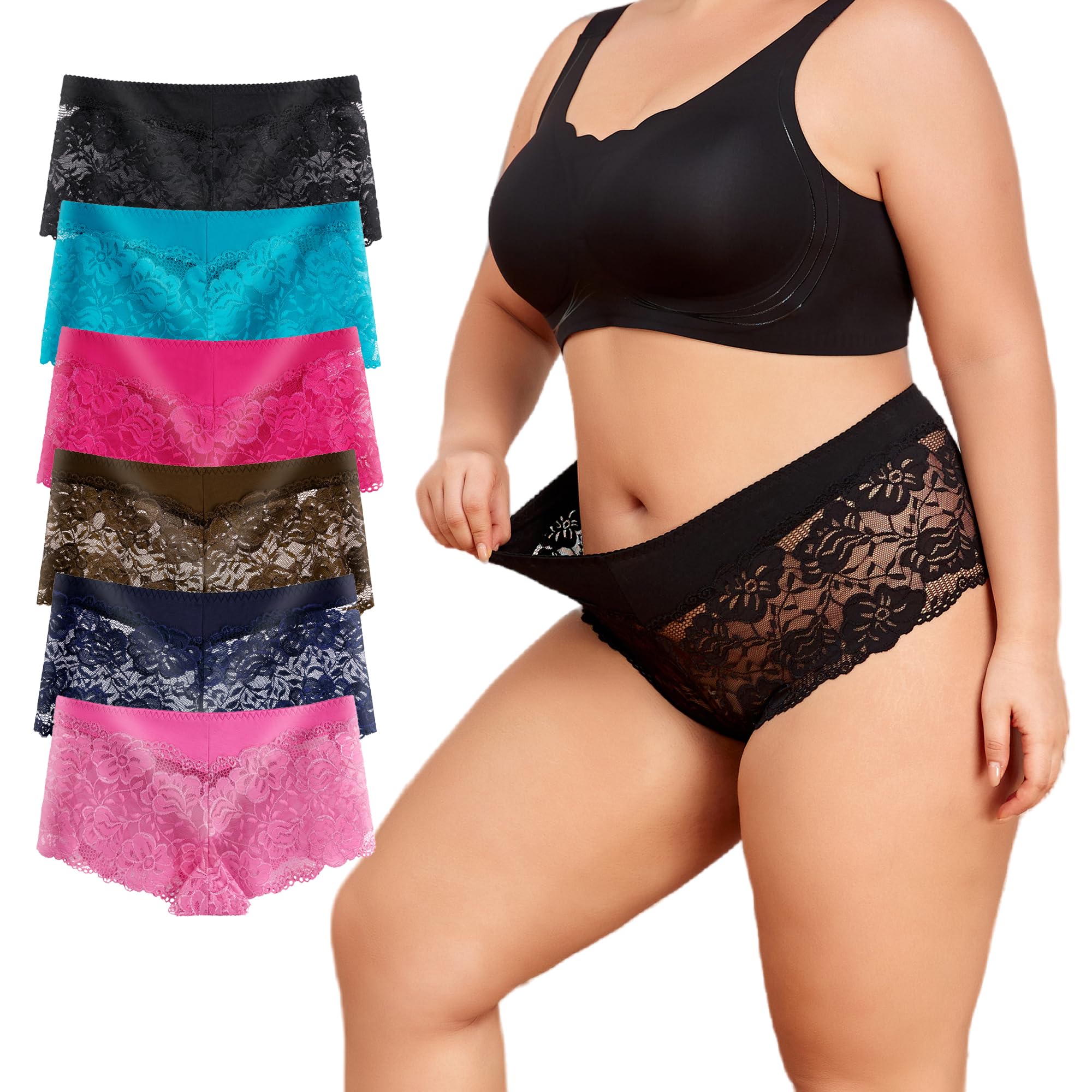 moonlight elves Women's Underwear Regular & Plus size Lace Boyshort Panties Cheeky Panty for Ladies, Pack of 6 Size S-5XL