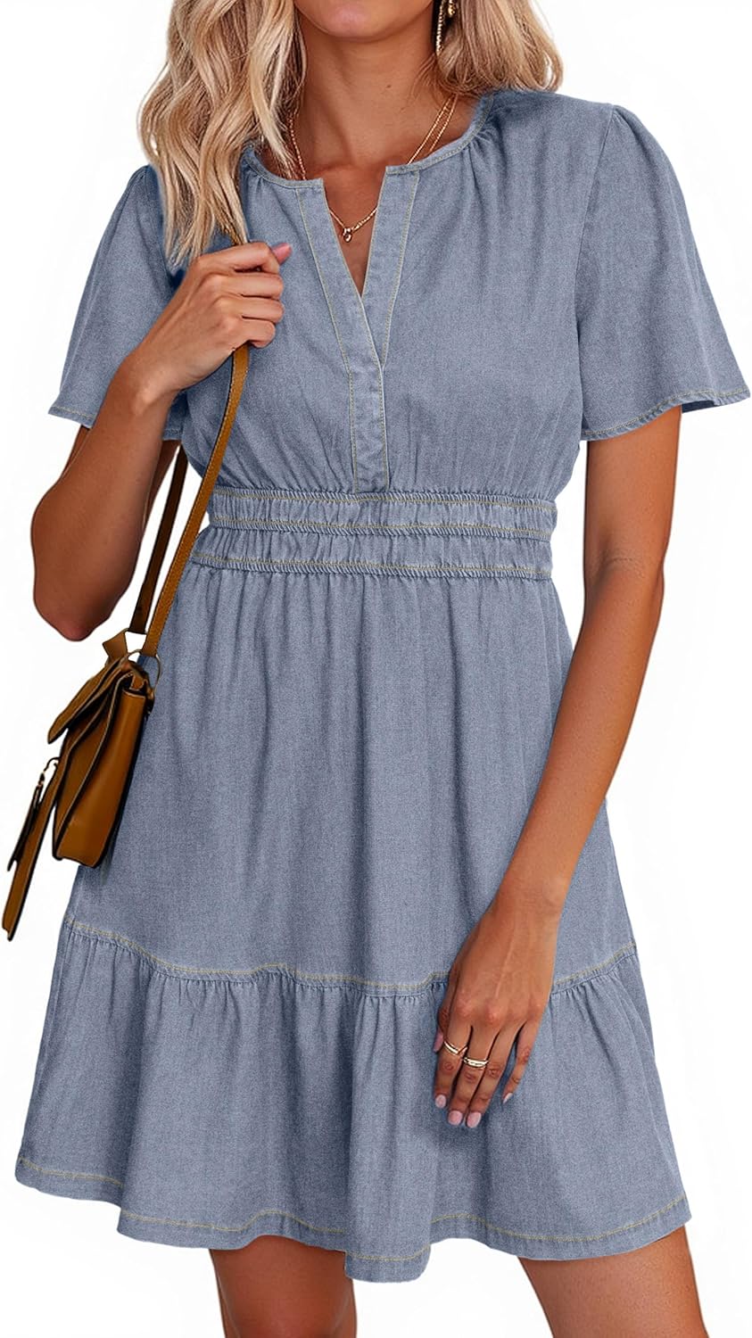 Simplee Womens Summer Denim Dress Casual Short Sleeve Tiered Mini Jean Dresses Western Cowgirl Country Outfits with Pockets