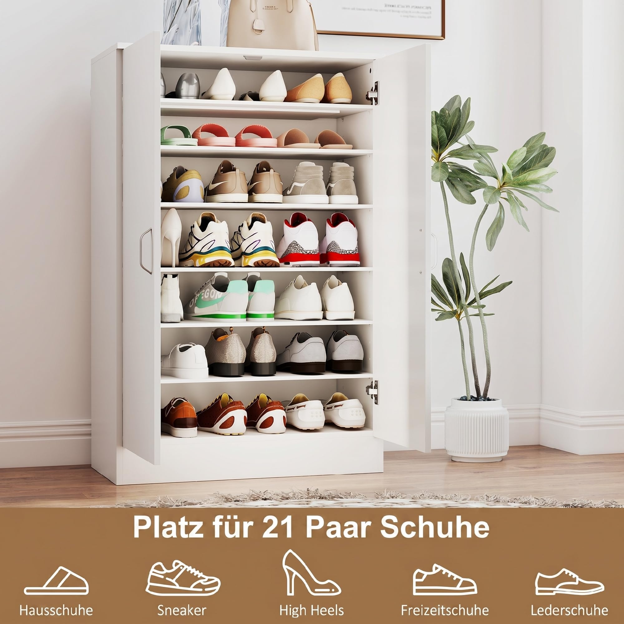 HOMCOM Schuhschrank mit 2 Türen, Schuhregal, Schuhaufbewahrung mit 6 Verstellbaren Ablagen Schuhkommode mit Soft-Close-Funktion für 21 Paar Schuhe 70 x 35 x 108 cm, Weiß
