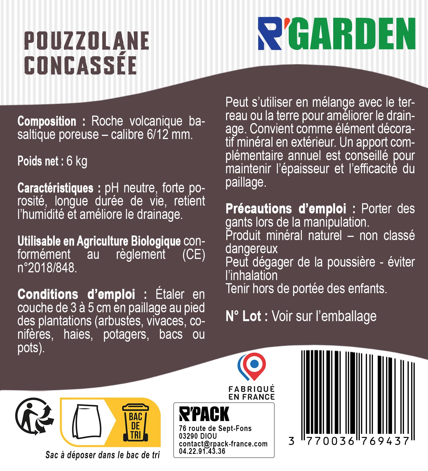 Pouzzolane concassée 6/12 mm Roche volcanique naturelle pour paillage drainage pH Neutre Longue durée 2 kg