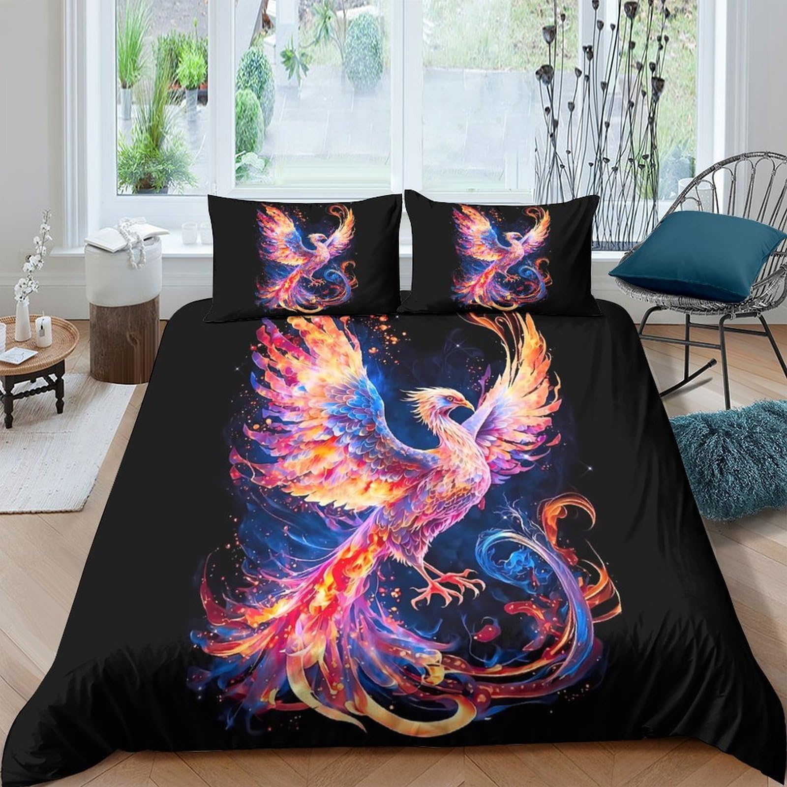 GPLZQXKJNH 3D Printed Fire Phoenix Duvet Cover Microfiber Soft Breathable Fantasy Bird Quilt Cover Set with 2 Pillowcases for Bedroom Home Decor Single（135x200cm）