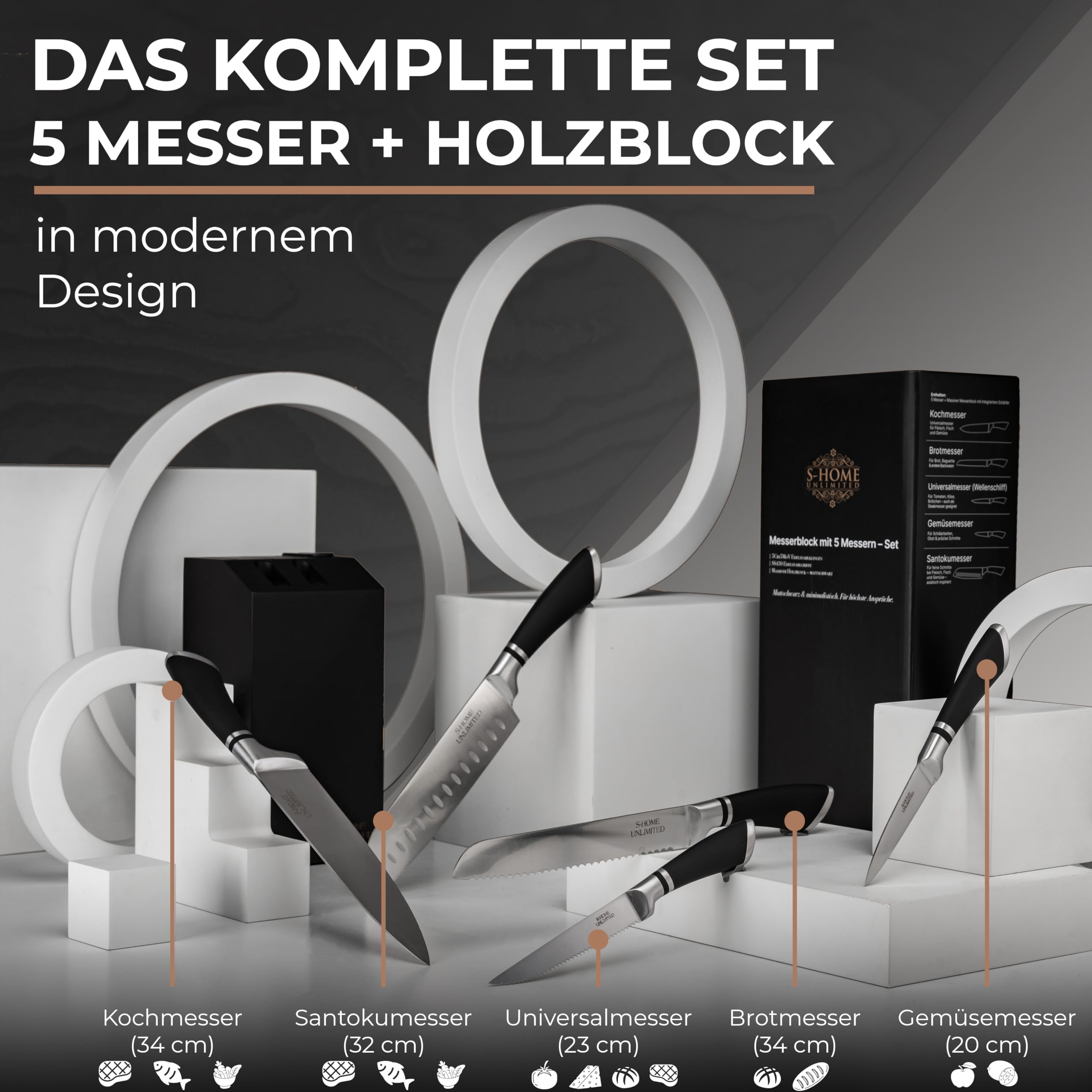 Messerblock mit Messern | 6-teiliges Set inkl. Schärfer | Ergonomische Edelstahlgriffe | Edler Holzblock in Schwarz | Extrem scharf & langlebig