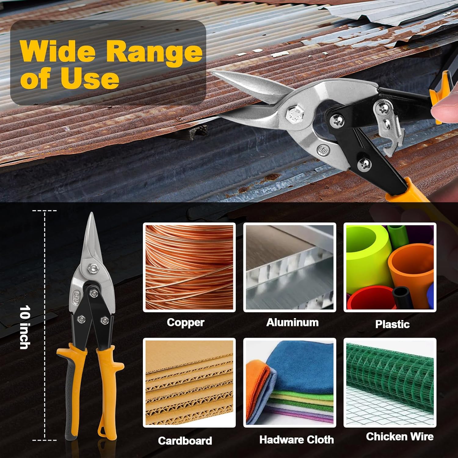 10 Inch Aviation Tin Snips, Heavy Duty Metal Cutter Shears for Cutting Sheet Metal, Straight Cut, Chrome Vanadium Steel