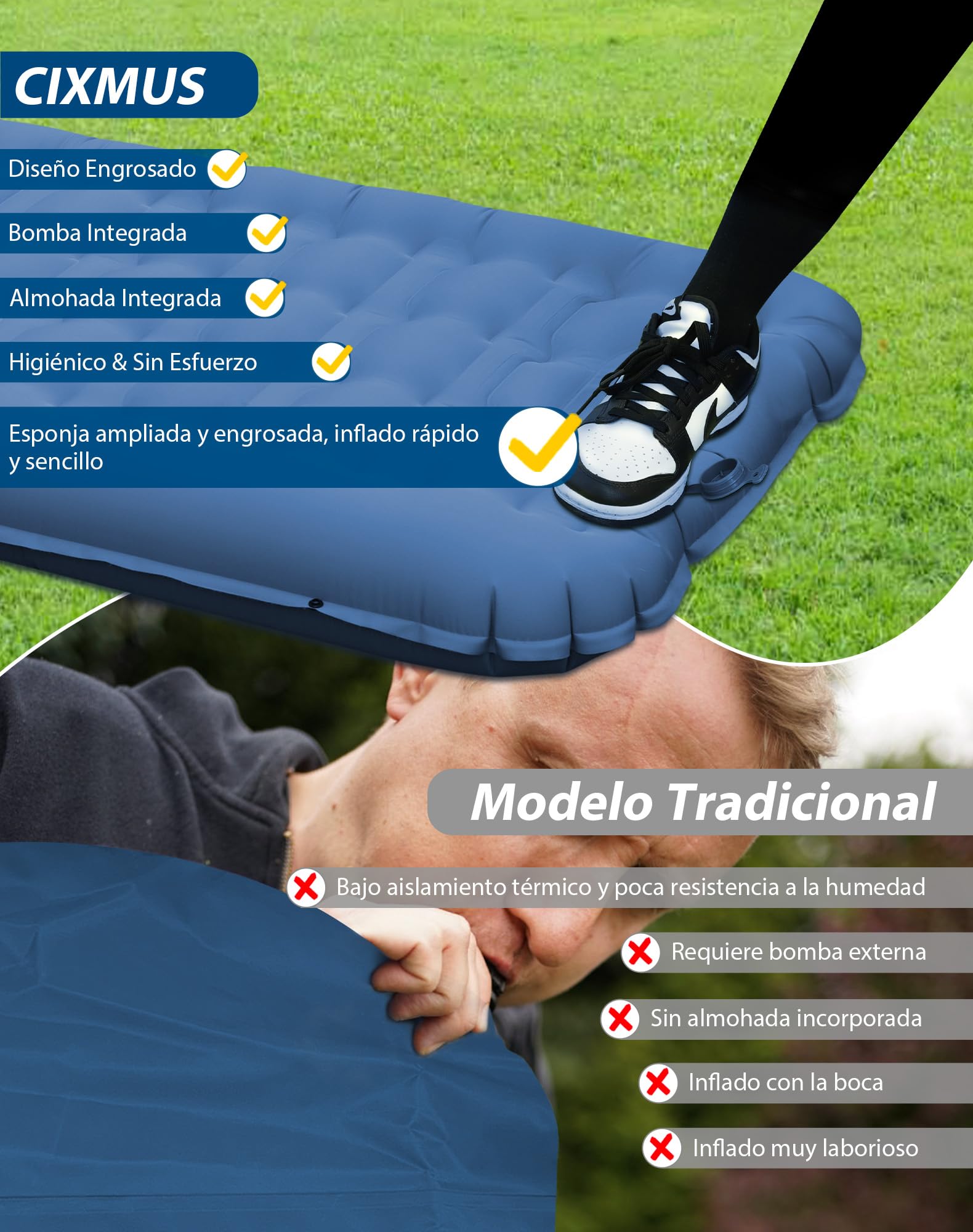 Esterilla Camping Hinchable 12cm, Colchón Trekking con Bomba de Pie y Almohada Integradas, Colchoneta Inflable Individual Ultraligero para Dormir, Tienda de Campaña, Acampada, Aire Libre