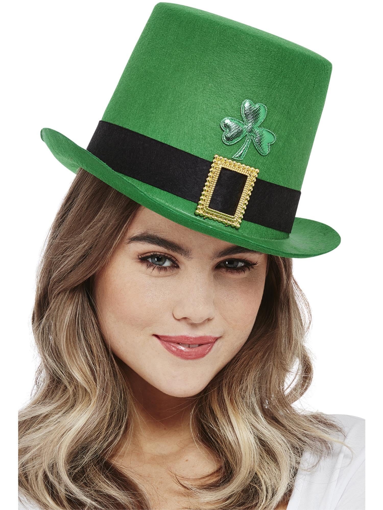 Smiffys Paddy's Day Top Hat with Shamrock Motif, St Patricks' Day Fancy Dress, Adult Dress Up Hats