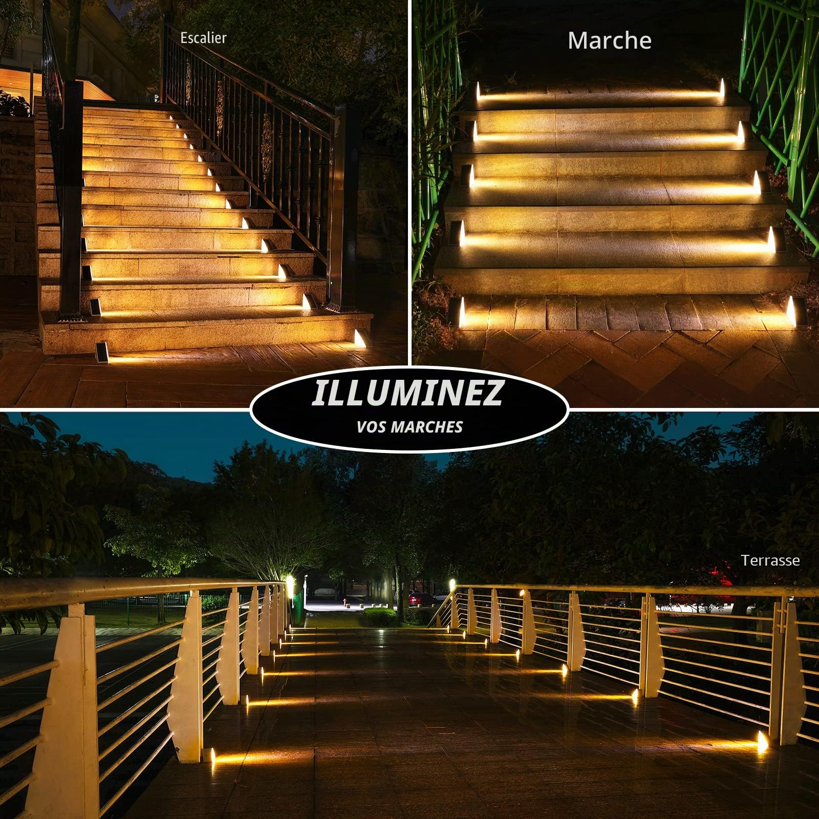 NIORSUN Lampe Solaire Exterieur, Lot de 12 Eclairage Escalier Exterieur IP69 Étanche, Marche/Arrêt Automatique Blanc Chaud LED Lampe Solaire pour Jardin, Chemin, Escalier, Patios, Sol