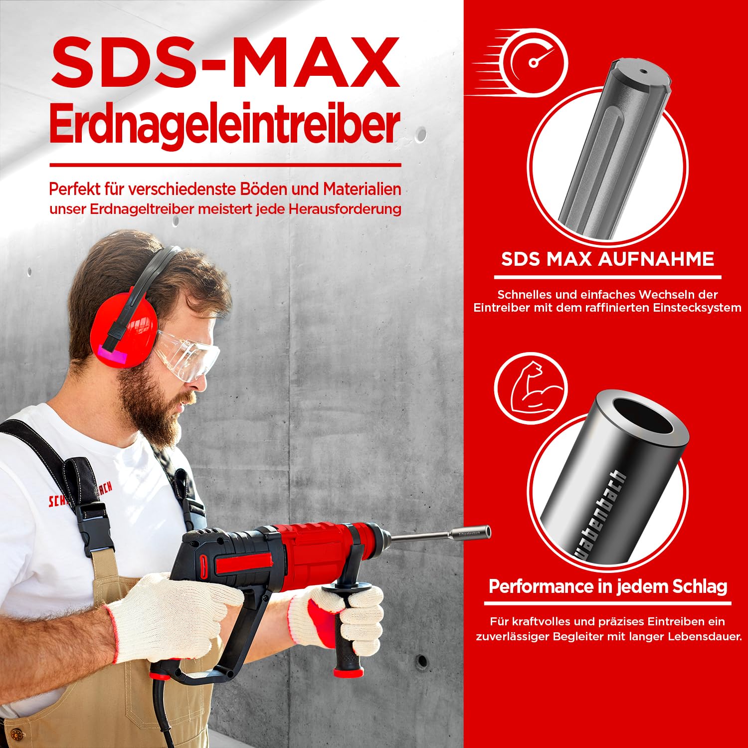 SCHWABENBACH® Insertador SDS Max para Picas de Tierra 250 x Ø32 mm – Herramienta para Clavar Varillas de Puesta a Tierra, Piquetas y Anclajes – Interior Ø20,5 mm, Acero Robusto para Martillo Demoledor