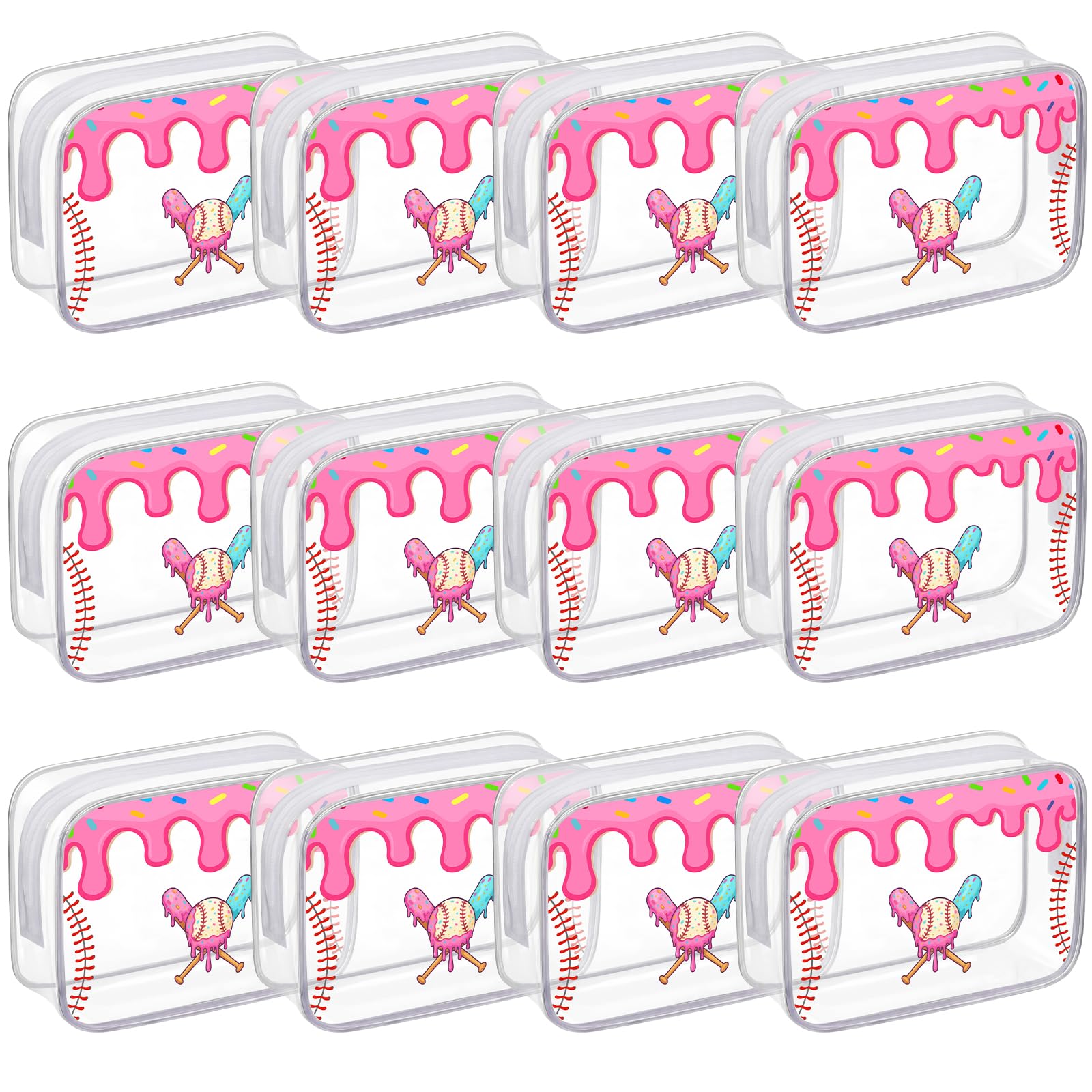 12 Pcs Ice Cream Drip Baseball Snack Bags for Team Gifts 7 x 4.7 x 2.4'' Goodie Treat Candy Pouch Bags PVC Clear Waterproof with Zipper Party Favors for Travel Birthday Gifts Sport Supplies