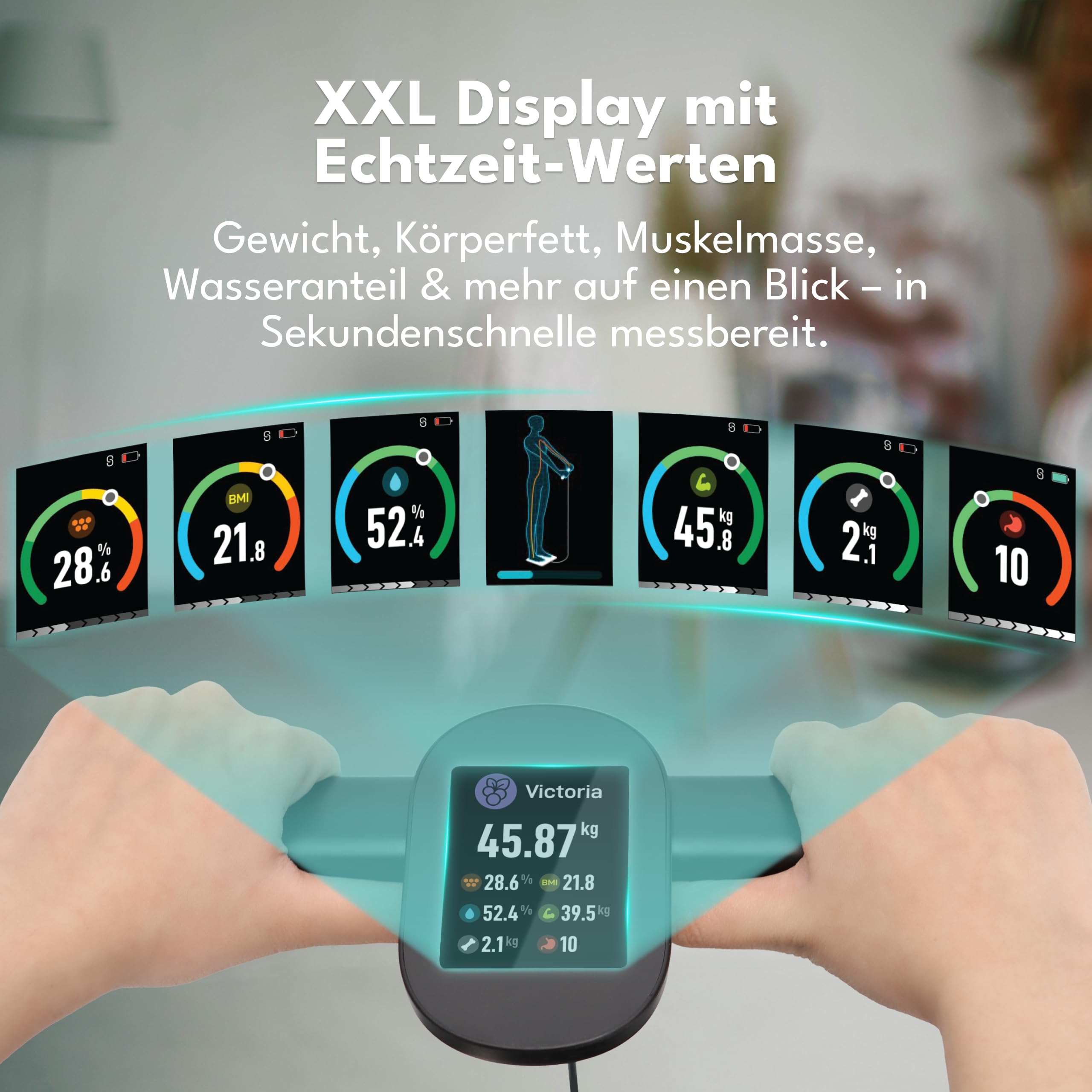 LEBENLANG Fitness Körperfettwaage mit Handsensoren - Großer Display & App Connect I 29 Messwerte bis 180 Kg I Körperwaage Waage mit Körperfett & Muskelmasse I Personenwaage Körperanalysewaage Scale
