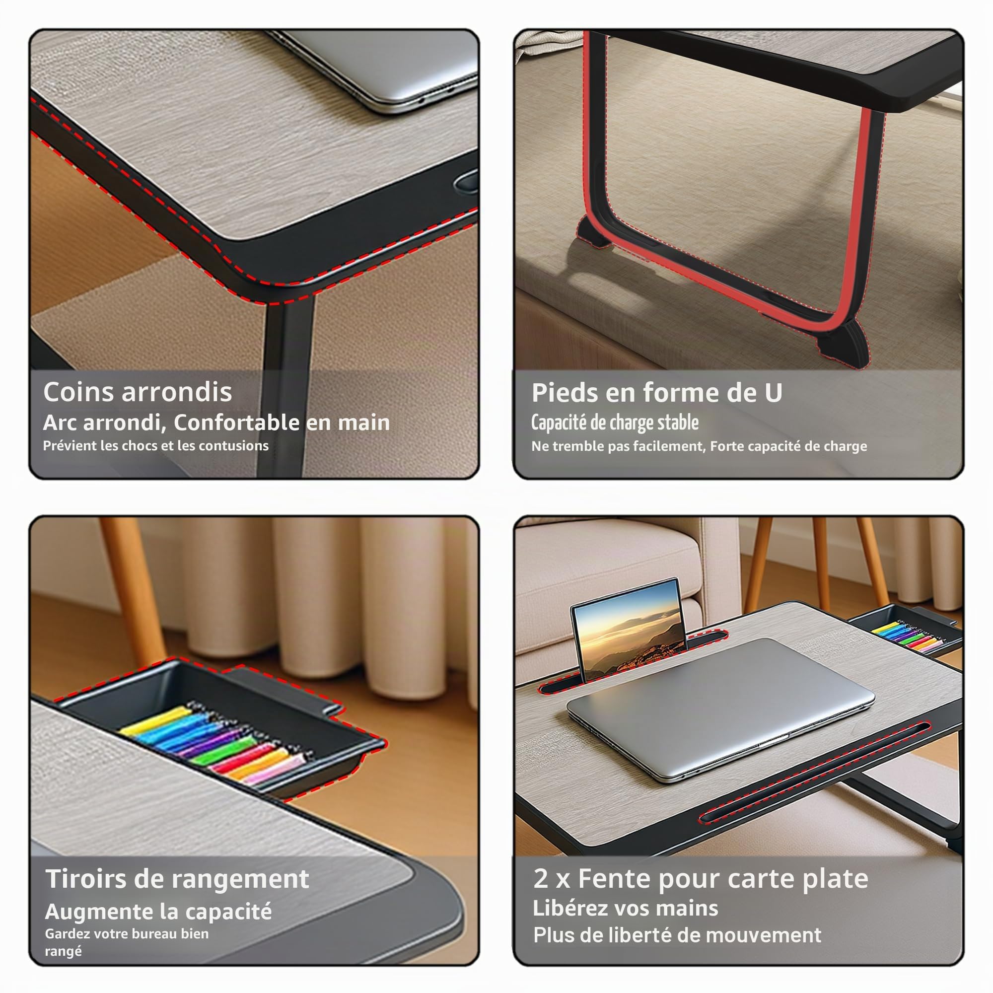 Planche de lit, Table de lit avec tiroir, pour Ordinateur, Lecture, Écriture, Repas et Regarder des Films sur Le Lit, Canapé ou au Sol, Bureau et Maison (Grey)