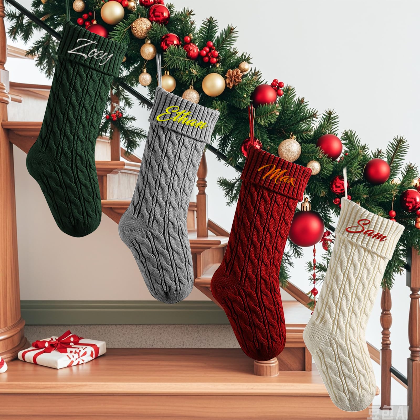 Weihnachtsstrumpf Personalisiert Nikolausstrumpf mit Namen, 46cm Großer Gestrickter Weihnachtsstrumpfe zum Befüllen, Weihnachtssocken Kamin Hängenden Deko Weihnachten Feiertags,Familienparty,4PCS