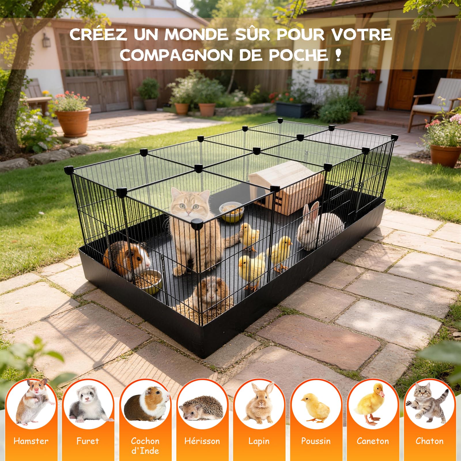 Enclos Lapin Interieur, Parc Lapin Enclos Cochon D'inde avec Couvercle et Revêtement de Sol Imperméable Cage pour Petits Animaux avec Triple Mesures de Sécurité Crochets en Un Clic,122CM x 60CM x 40CM