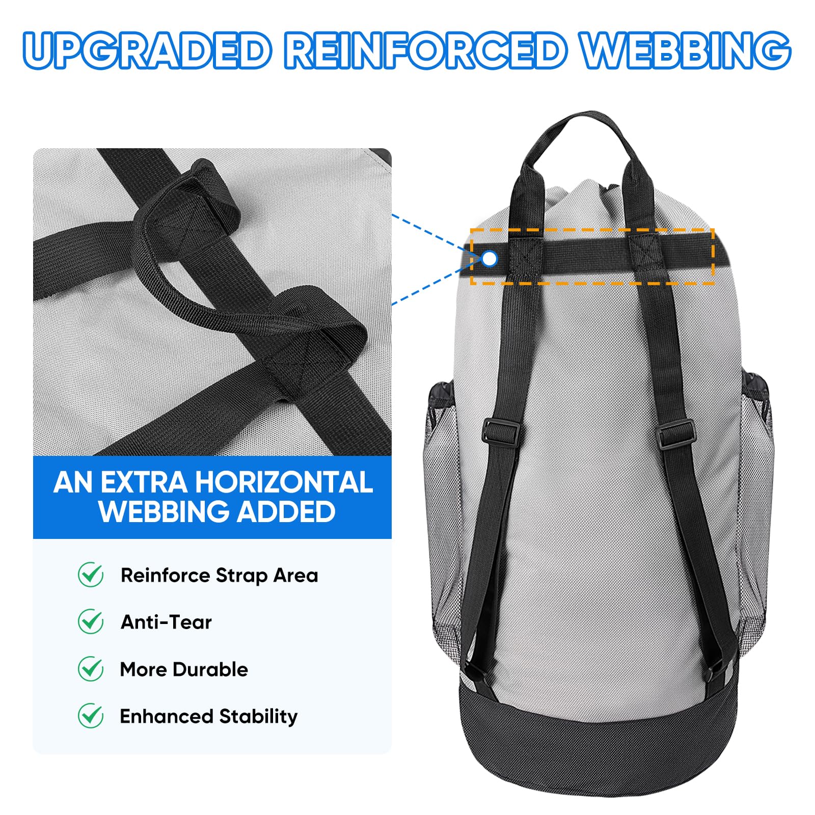 BALEINE Mochila de lavandería de 120 L, tela Oxford 600D, bolsas de lavandería con correas para los hombros y 2 bolsillos de malla