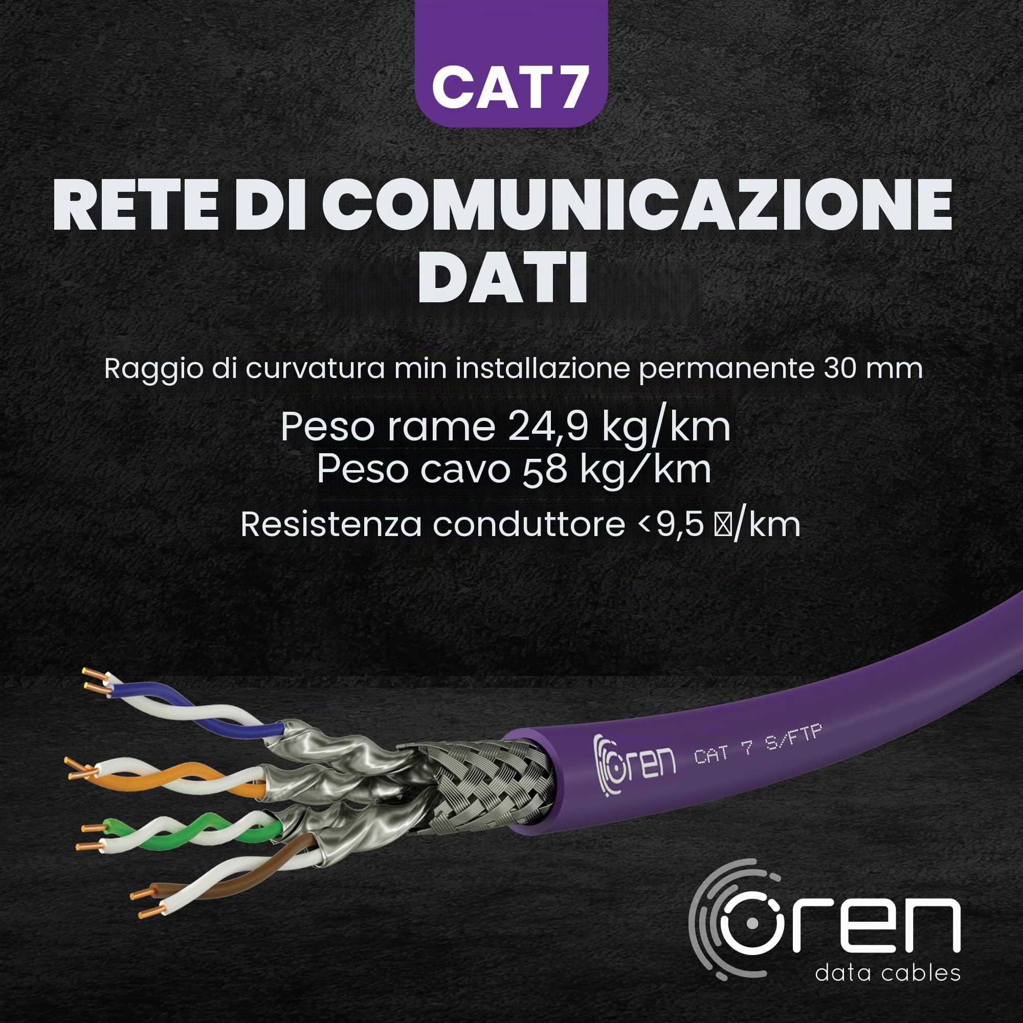 Oren CAT7 100m Cavo Ethernet – 23 AWG Cavo in Rame Nudo – B2ca - 900 MHz Larghezza Banda S/FTP Cavo di Rete LAN Internet, senza alogeni, anticorrosivo, antifiamma – 10GbE