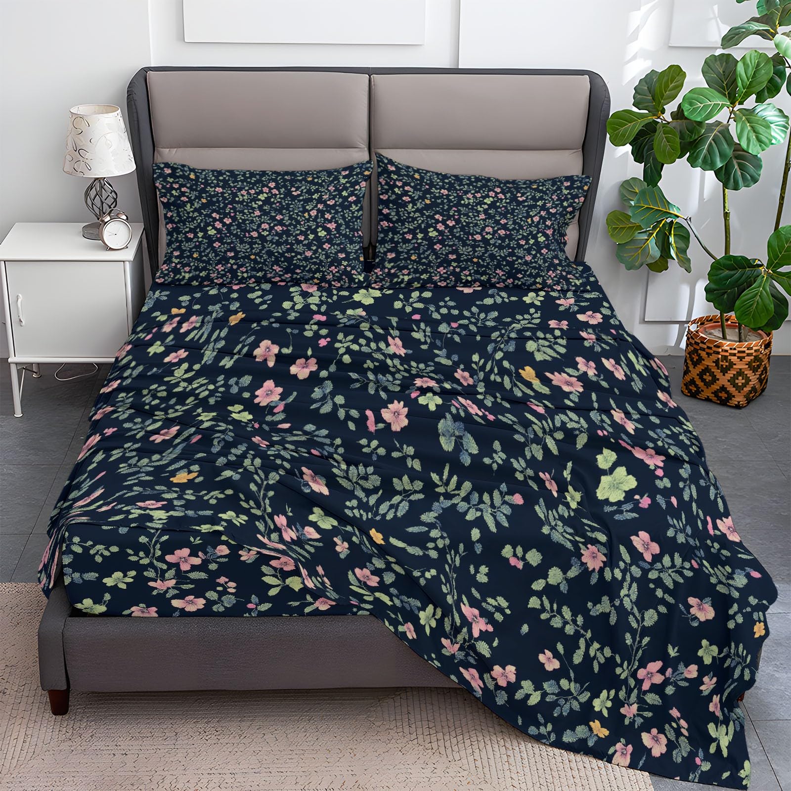 Fitted Sheet Twin Size Bedding Set for Kids Girls Women Men Room Decor, Soft Microfiber & Deep Pocket & Wrinkle Free Cartoon Small Flowers Bedding Sheets, Dark Blue