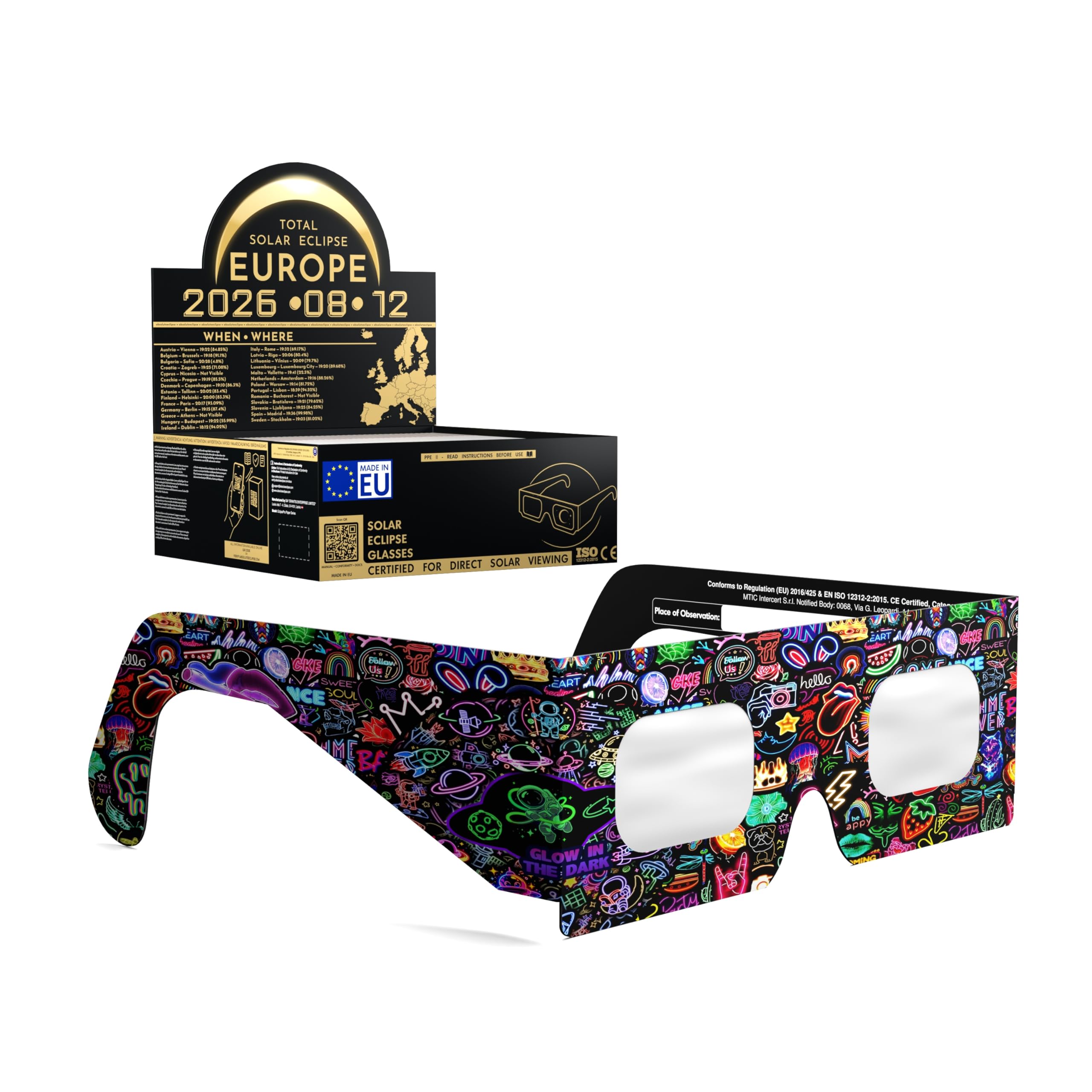 Solar Eclipse Glasses ISO 12312-2 CE Certified | Safe Solar Viewing Glasses UK | Paper Cardboard Frame | Total Solar Eclipse August 2026 | Made in EU | 50 Pack | Neon โ image 1