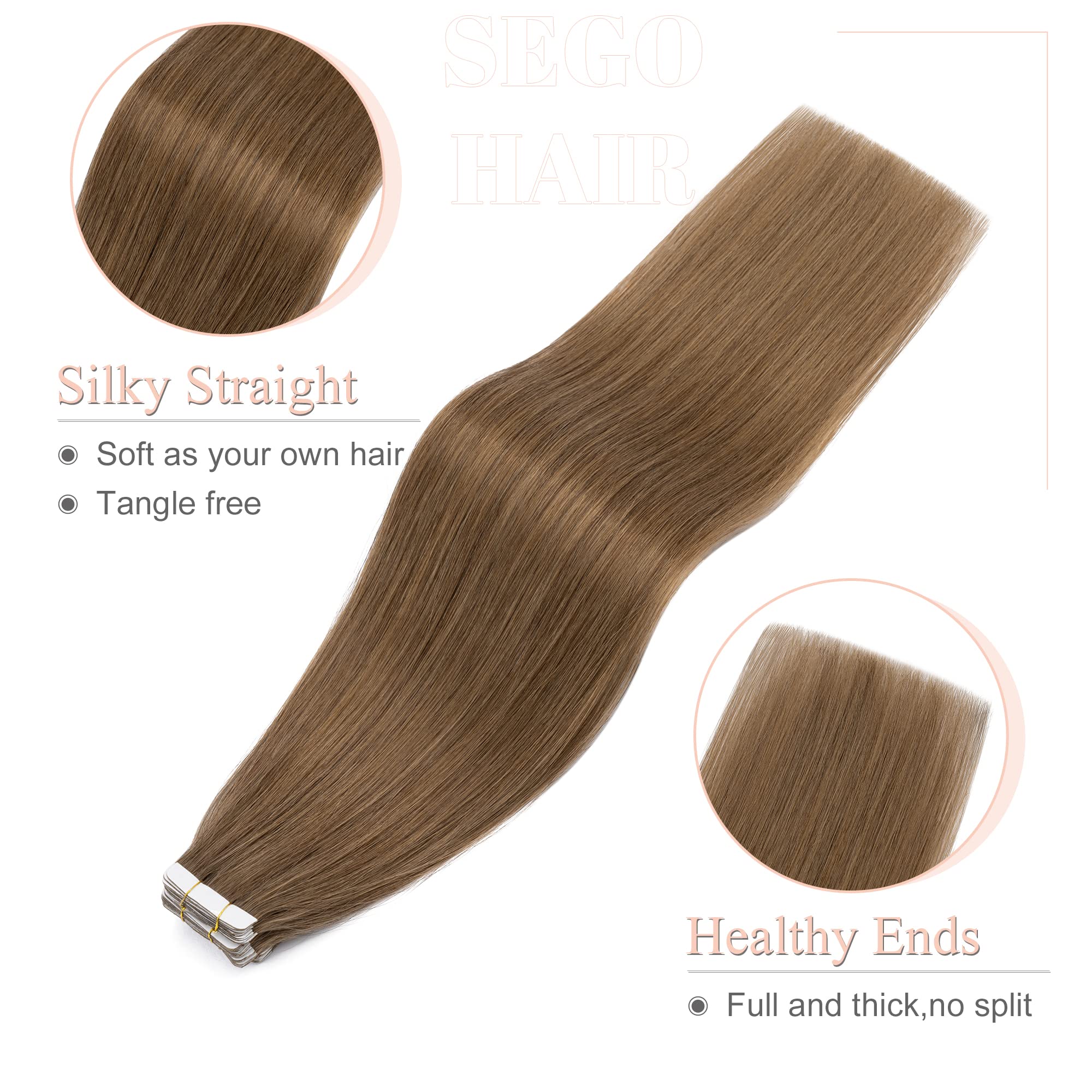 16"(40cm) SEGO Extensiones Adhesivas Remy Pelo Natural 20 PCS [#6 Marrón Claro] Cabello Humano sin Clip Tape in Human Hair (50g)