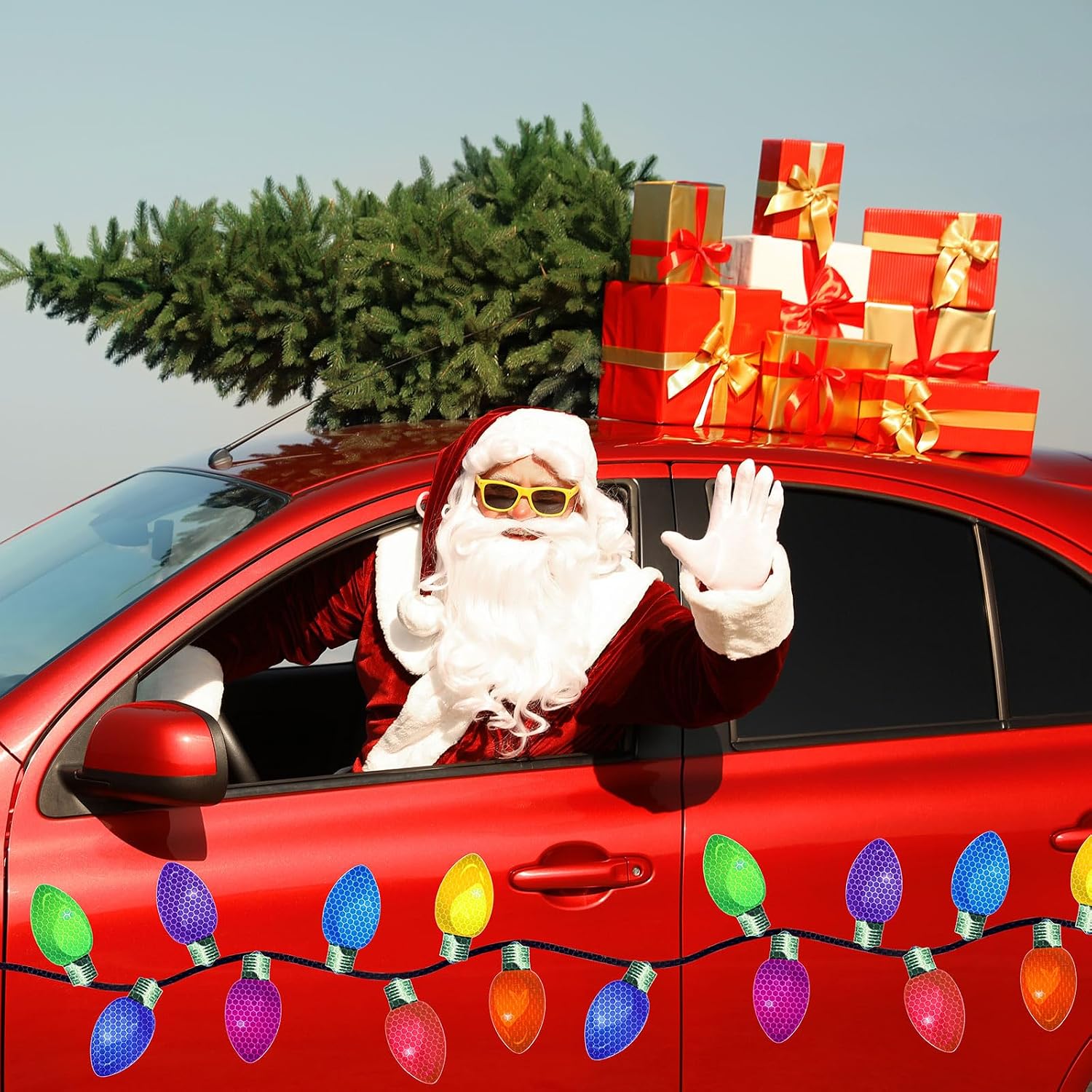 Whaline 130Pcs Christmas Reflective Car Magnets Set 64Pcs Colorful Bulb Light Magnets with 66Pcs Black Lines Refrigerator Magnet Decals for Xmas Party Window Mailbox (Not for Aluminum Alloy Vehicle)