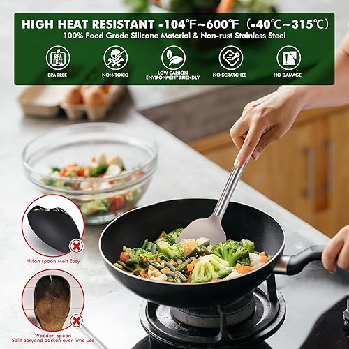 Miniatura 6 de HOTEC Utensilios de cocina de silicona resistentes al calor, juego de utensilios de cocina, juego de espátula, sin BPA, utensilios de cocina, con