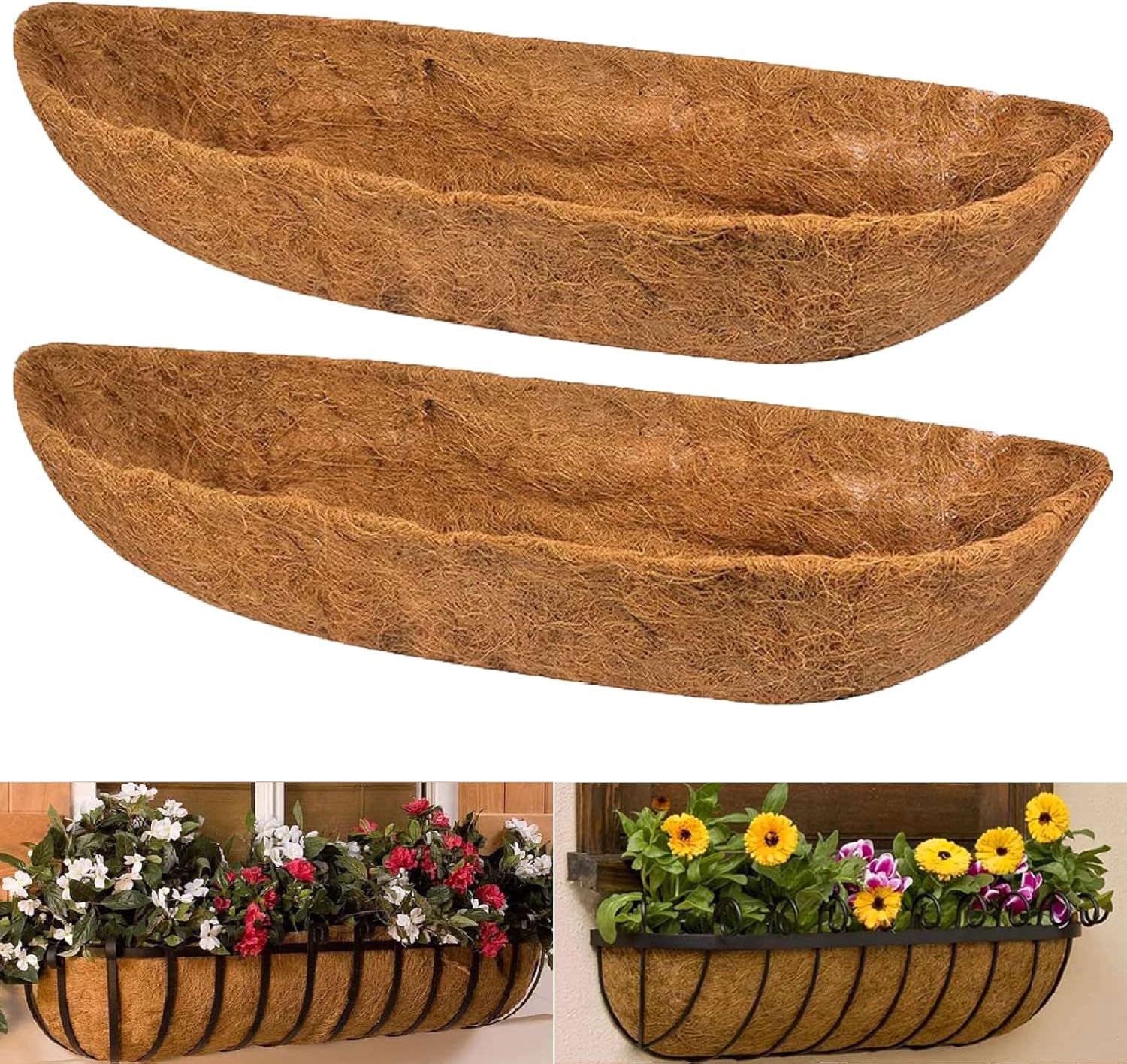 2 pcs Coco Liners for Planters, Replacement Hanging Basket Liners, Durable Coconut Insert for Garden Outdoor Railing Flower Pots(Wall Manger,48 Inches)