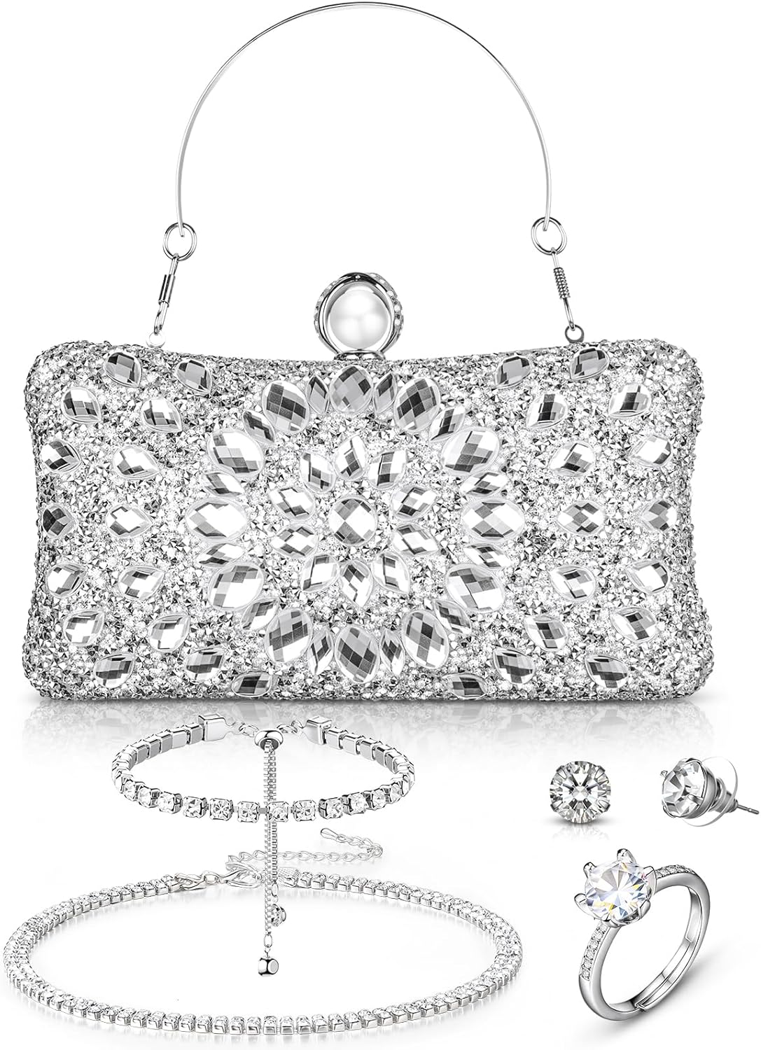 Abbylike 4 Pcs Rhinestone Evening Clutch Bag Set with Bow Dangle Earrings Necklace and Bracelet Glitter Purse for Women Prom