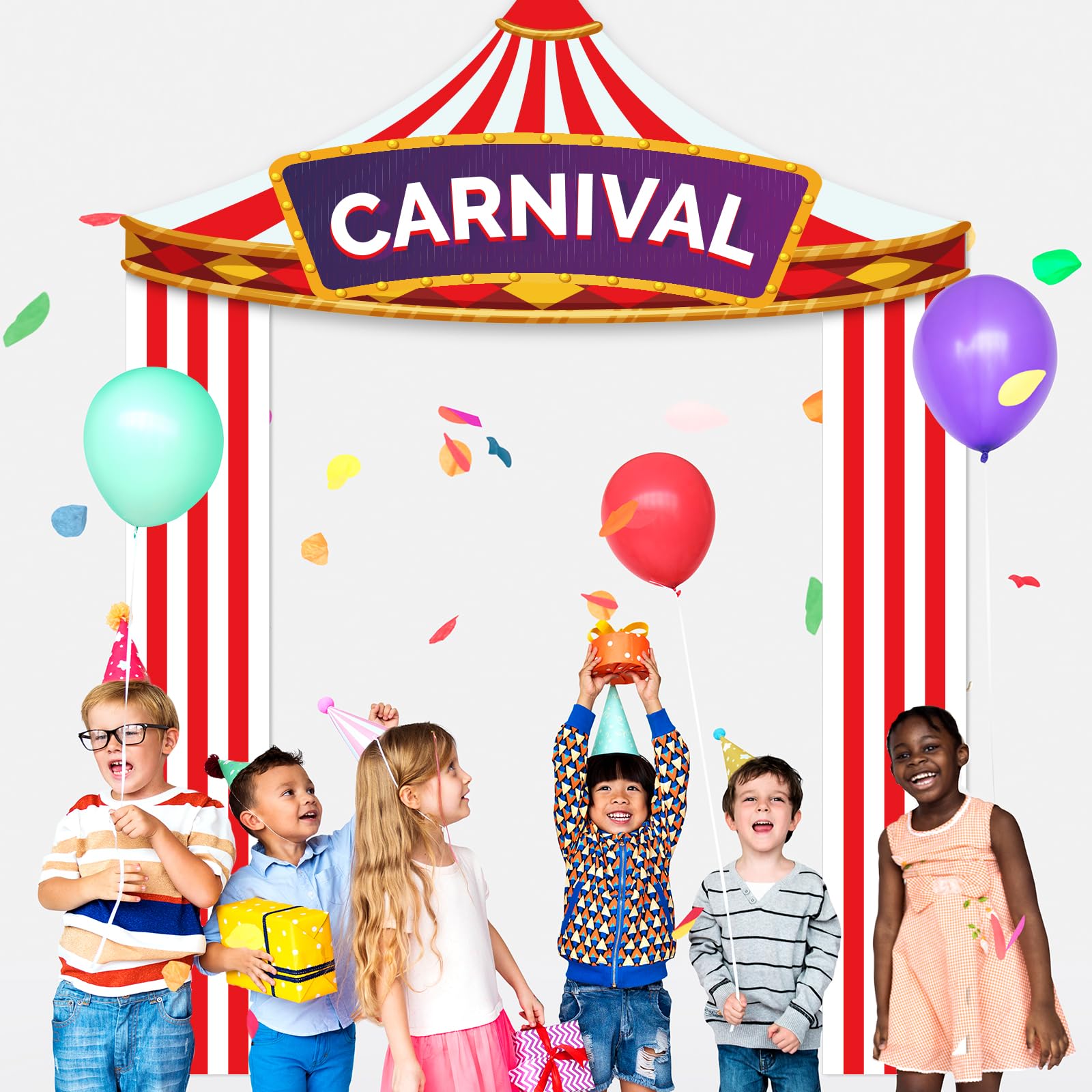 Set di 3 decorazioni per feste a tema circo, baldacchino a strisce bianche e rosse, bandiere sospese, tenda da circo, copertura in plastica