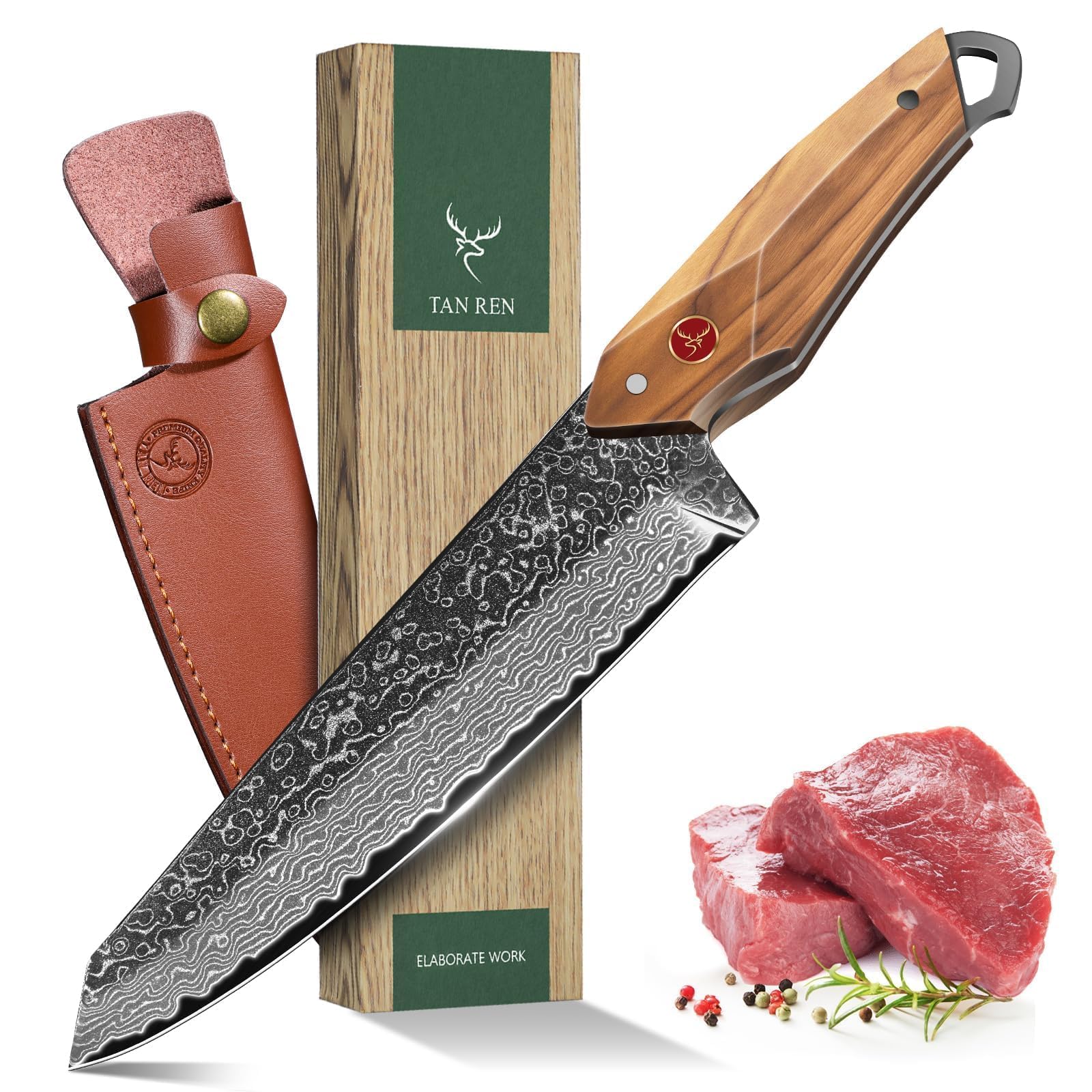 TAN REN Damas Couteaux, Couteaux de Chef Professionnels Forgés à la Main, Couteaux de Chef Damas avec Coffret Cadeau, Couteaux à Découper Exceptionnellement Tranchants