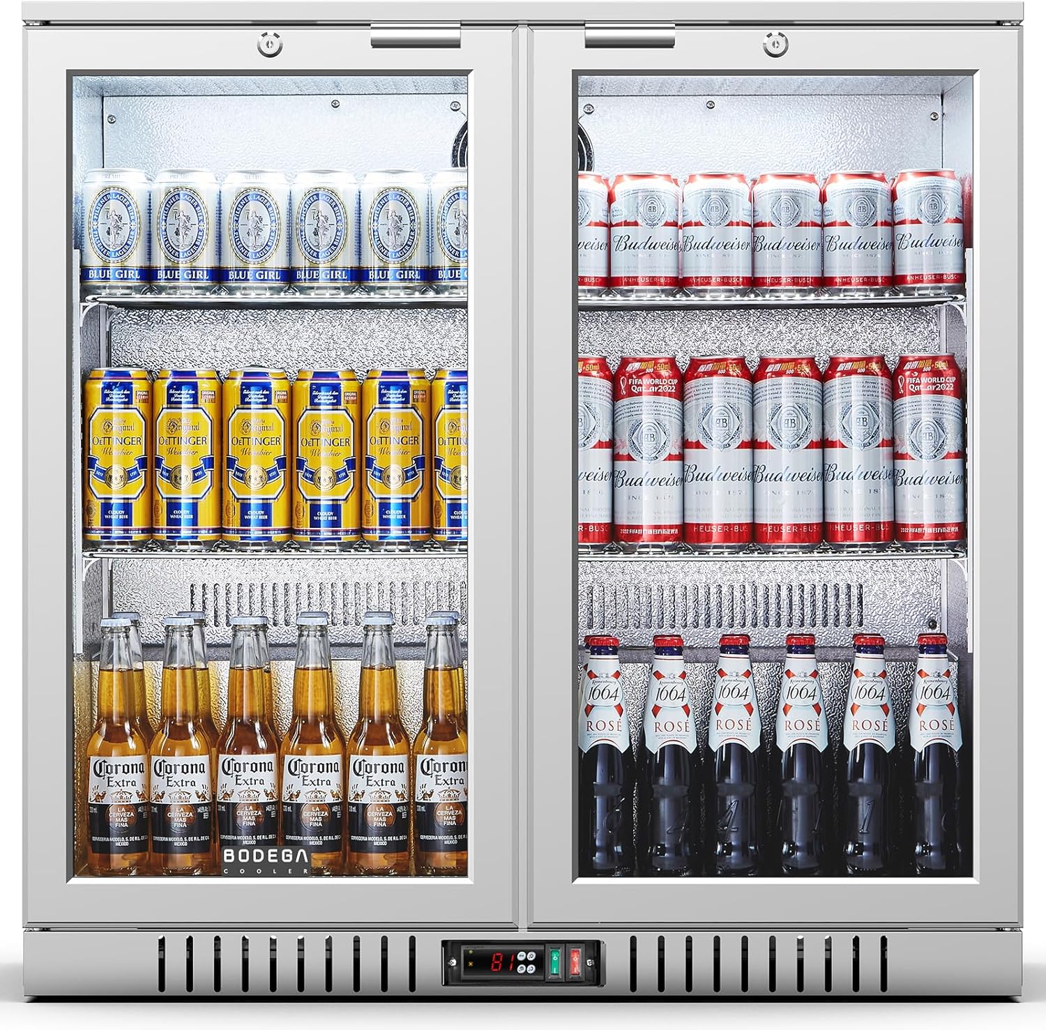 BODEGACOOLER Back Bar Cooler With 2 Glass Doors,7.4 Cu.Ft Stainless Steel Commercial Back Bar Fridgewith LED Lighting,Counter Height Bar Beverage Cooler for Beer,Soda Drinks,Wine BODEGACOOLER Back Bar Cooler With 2 Glass Doors,7.4 Cu.Ft Stainless Steel Commercial Back Bar Fridgewith LED Lighting,Counter Height Bar Beverage Cooler for Beer,Soda Drinks,Wine