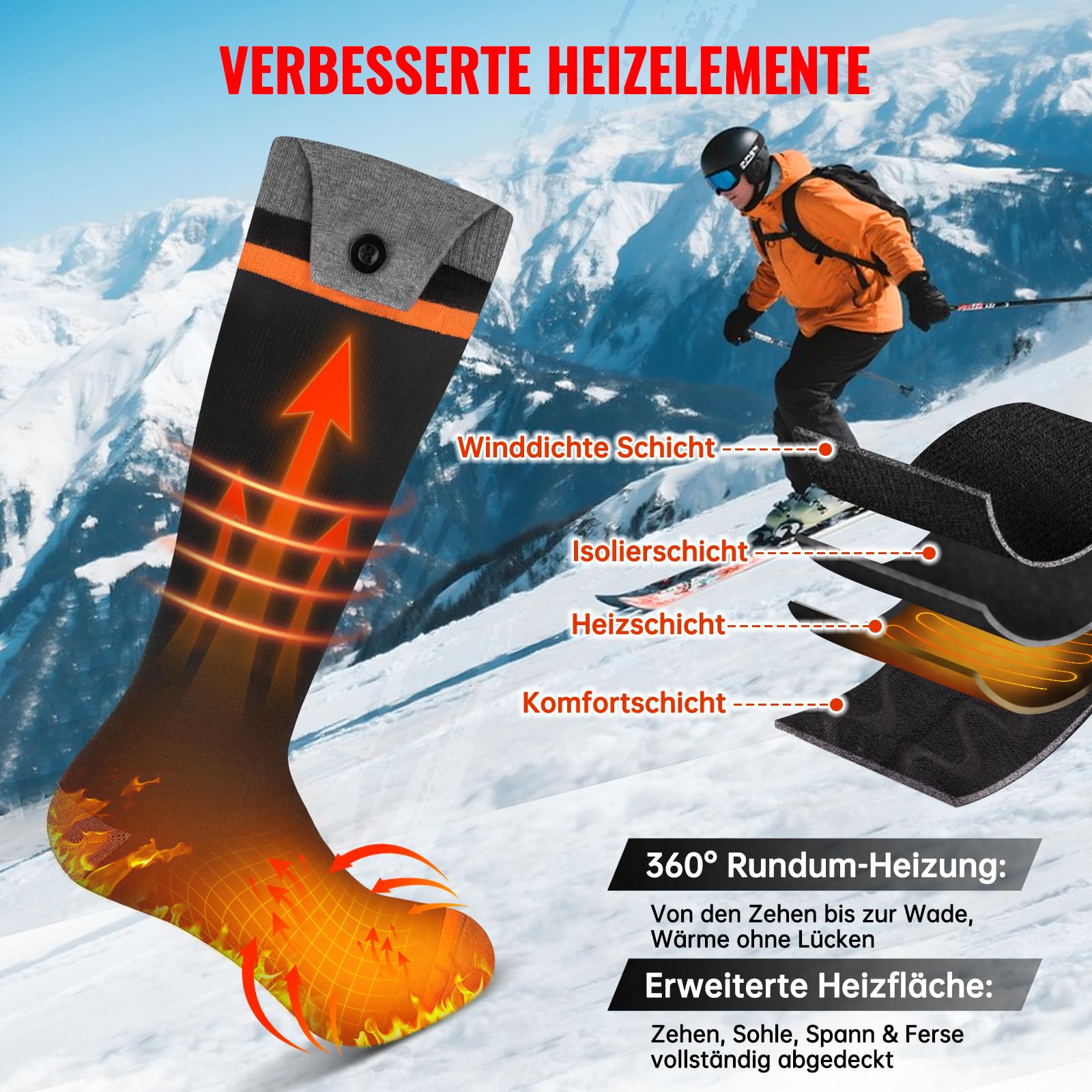 YOOHBERRYS Beheizte Socken, Elektrisch Beheizbare Socken mit 8500mAh Wiederaufladbarer Akku, APP-Fernbedienung bis zu 70°C, Heizsocken Warme Skisocken für Jagd, Wandern, Camping, Skifahren