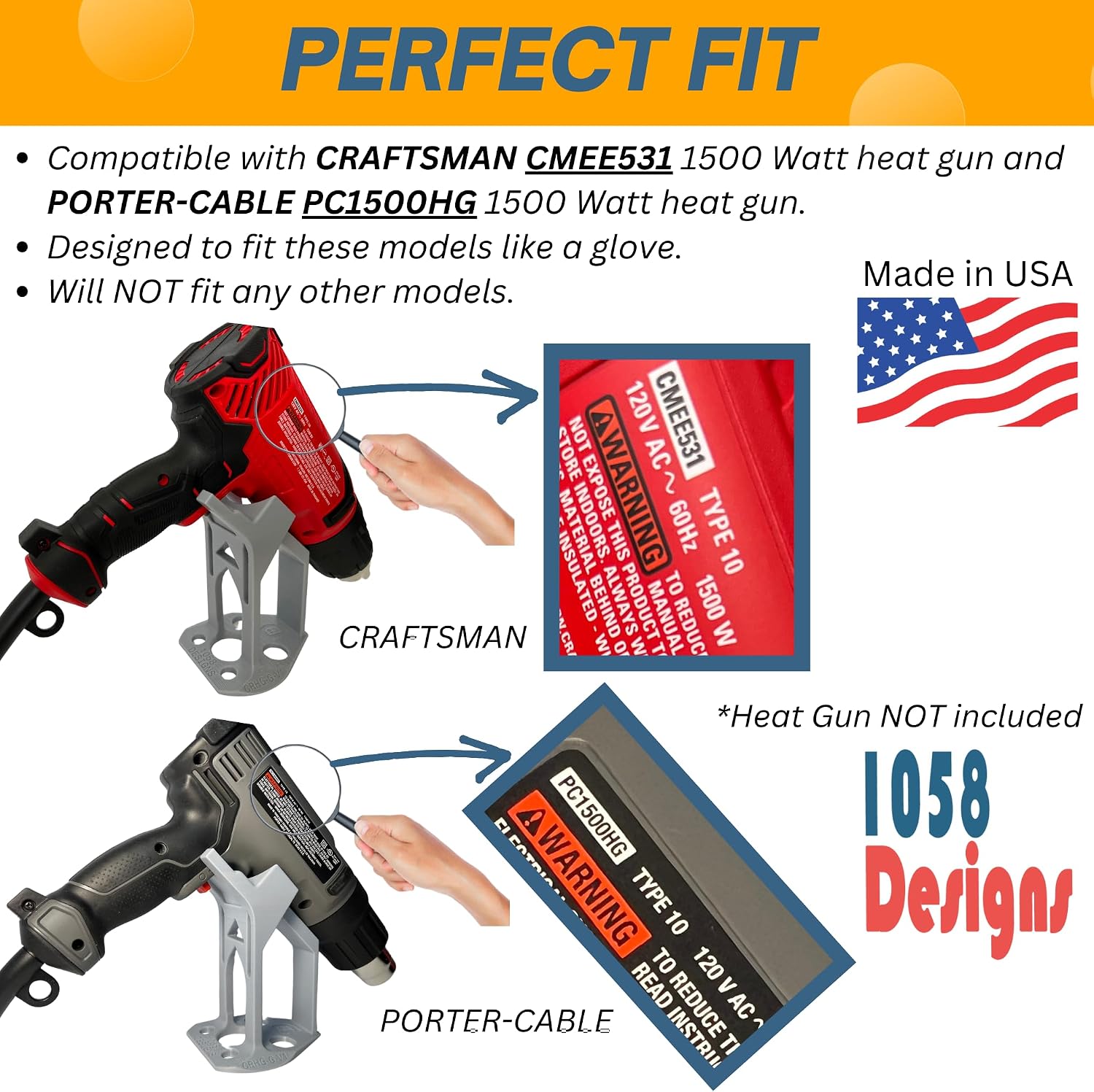 Heat Gun Stand Holder compatible with CRAFTSMAN and compatible with PORTER-CABLE Heat Guns - 1058 Designs