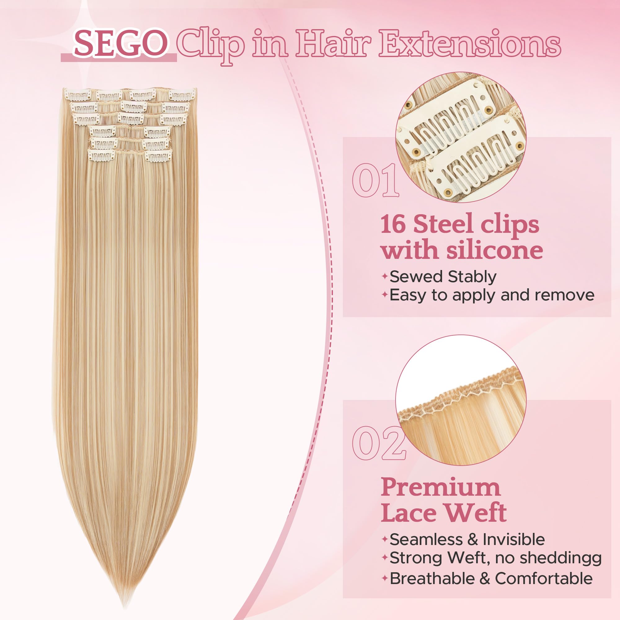 SEGO Clip In Hair Extensions 24 Inch 6PCS Thick Clip In Hair Hairpieces 150g Long Straight Hair Extension Synthetic Full Head for Women H39 - Image 2