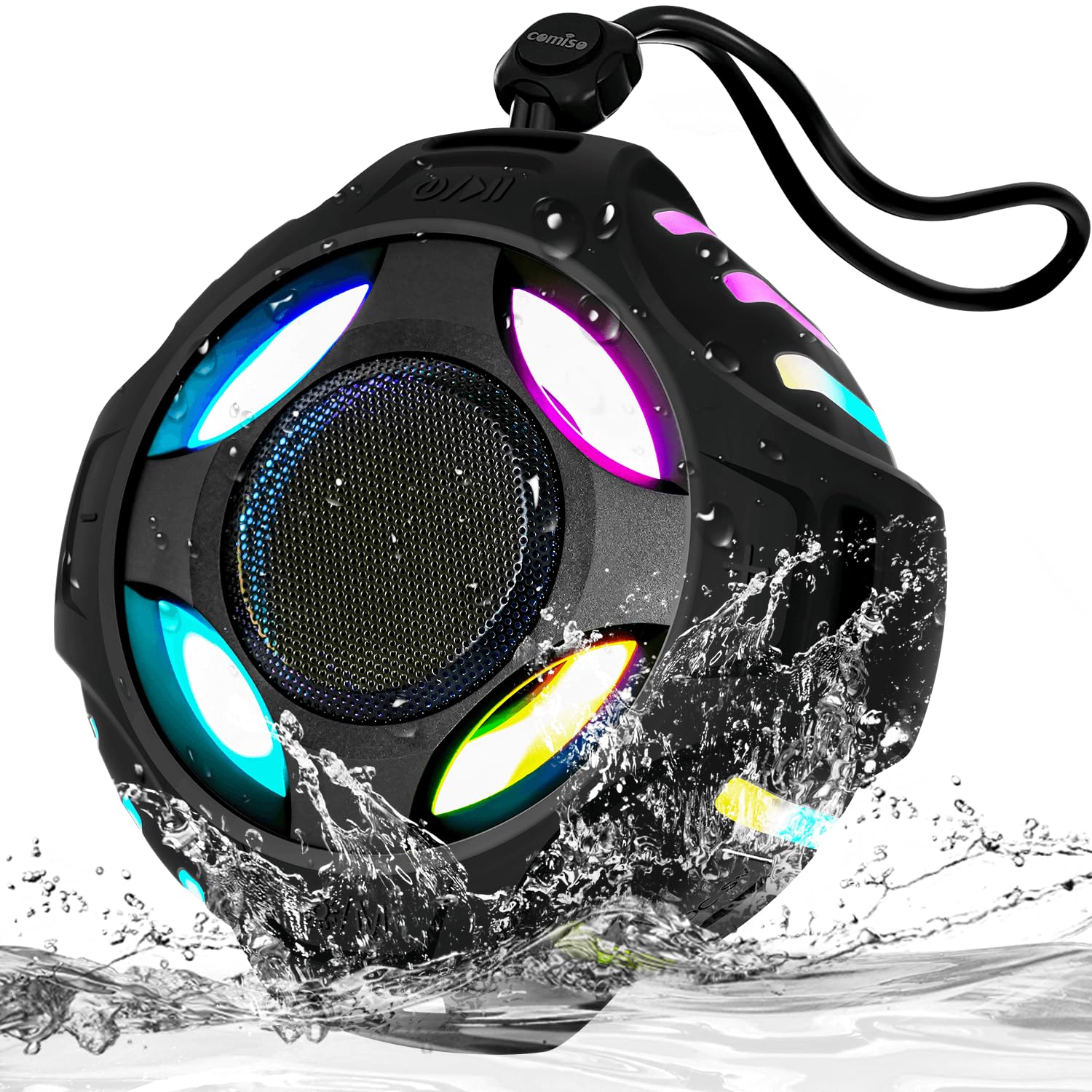 comiso Waterproof Speaker with Robust Bass Shower Speaker with Dynamic Light TWS Mode Loud HD Sound IP67 Waterproof