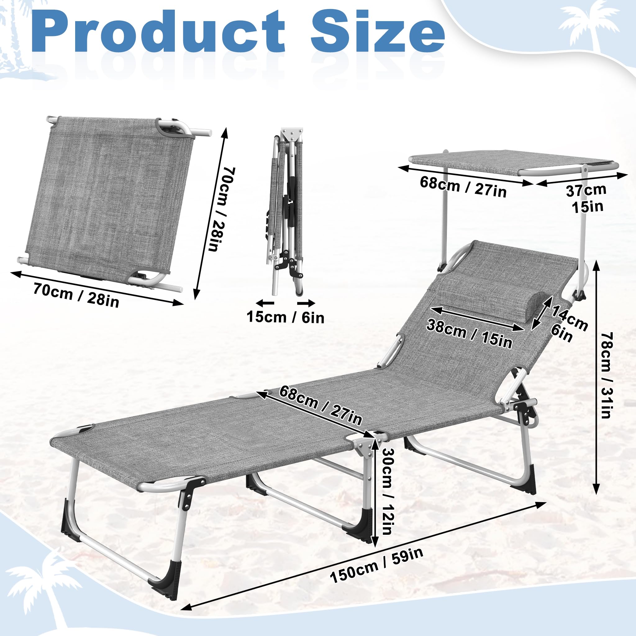LZQ 2X Sonnenliege Liegestuhl Klappbar mit Sonnendach & Seitentasche, Gartenliege aus 600D Oxford-Gewebe, 194x68x30 cm, für Terrasse, Balkon, Camping & Outdoor, Belastbar bis 100 kg (Leinen Grau)