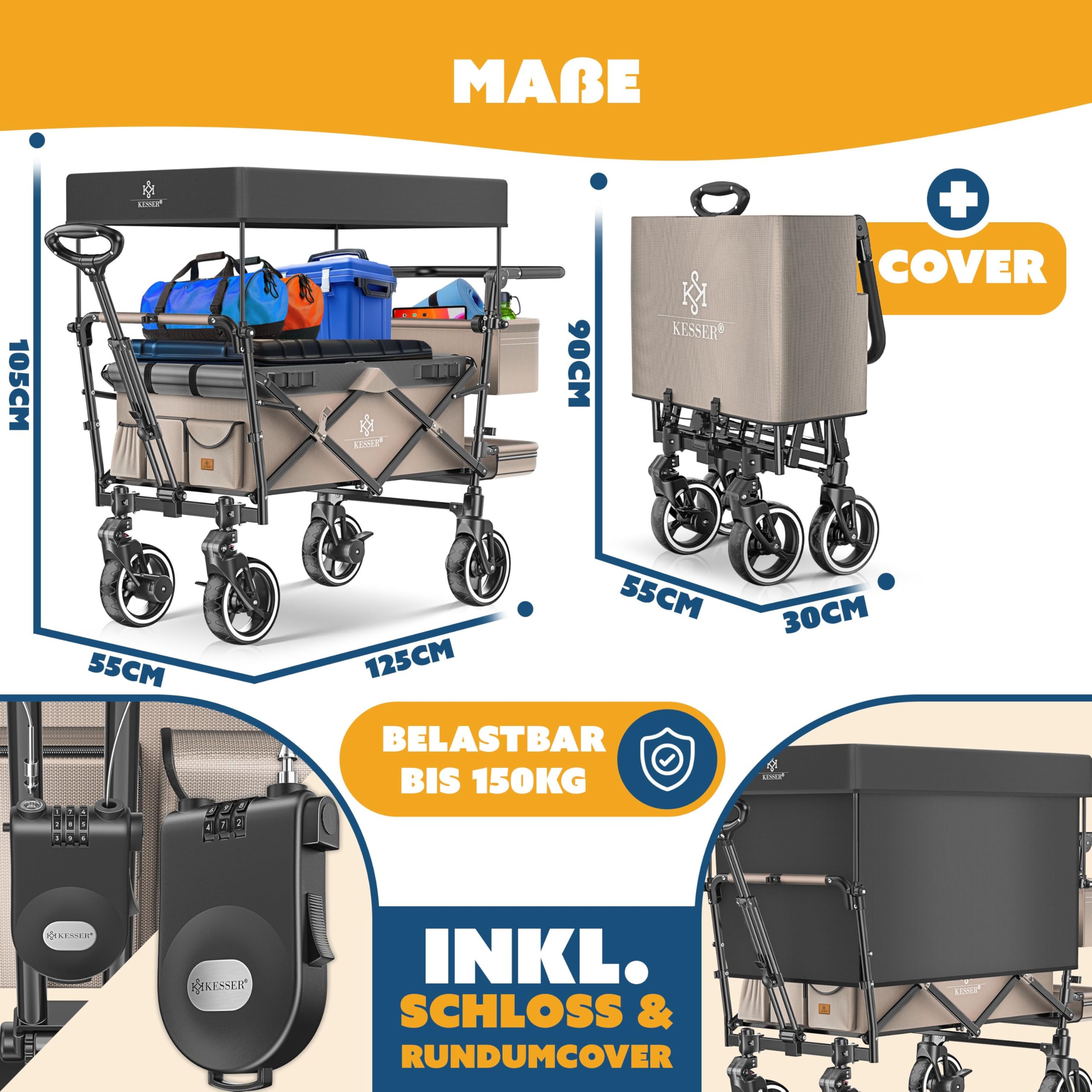 KESSER GTS-9100 - Carrello pieghevole con tetto, portata fino a 150 kg, con ruote in gomma dura e freni di stazionamento anteriore/posteriore, con serratura, copertura, intemperie e protezione da