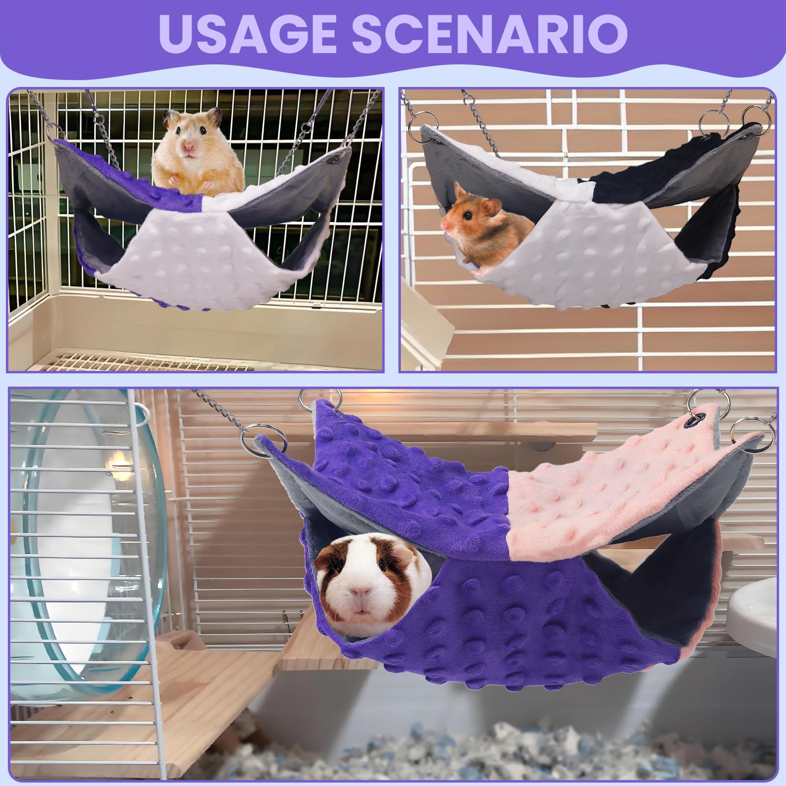 Meerschweinchen-Hängematte, Ratten-Hängematte, Hamster, Frettchen, Meerschweinchen-Zubehör für Kleintiere, Chinchilla, Papagei, Zuckergleiter, Frettchen, Eichhörnchen (Rosa + Lila, Grau + Lila,