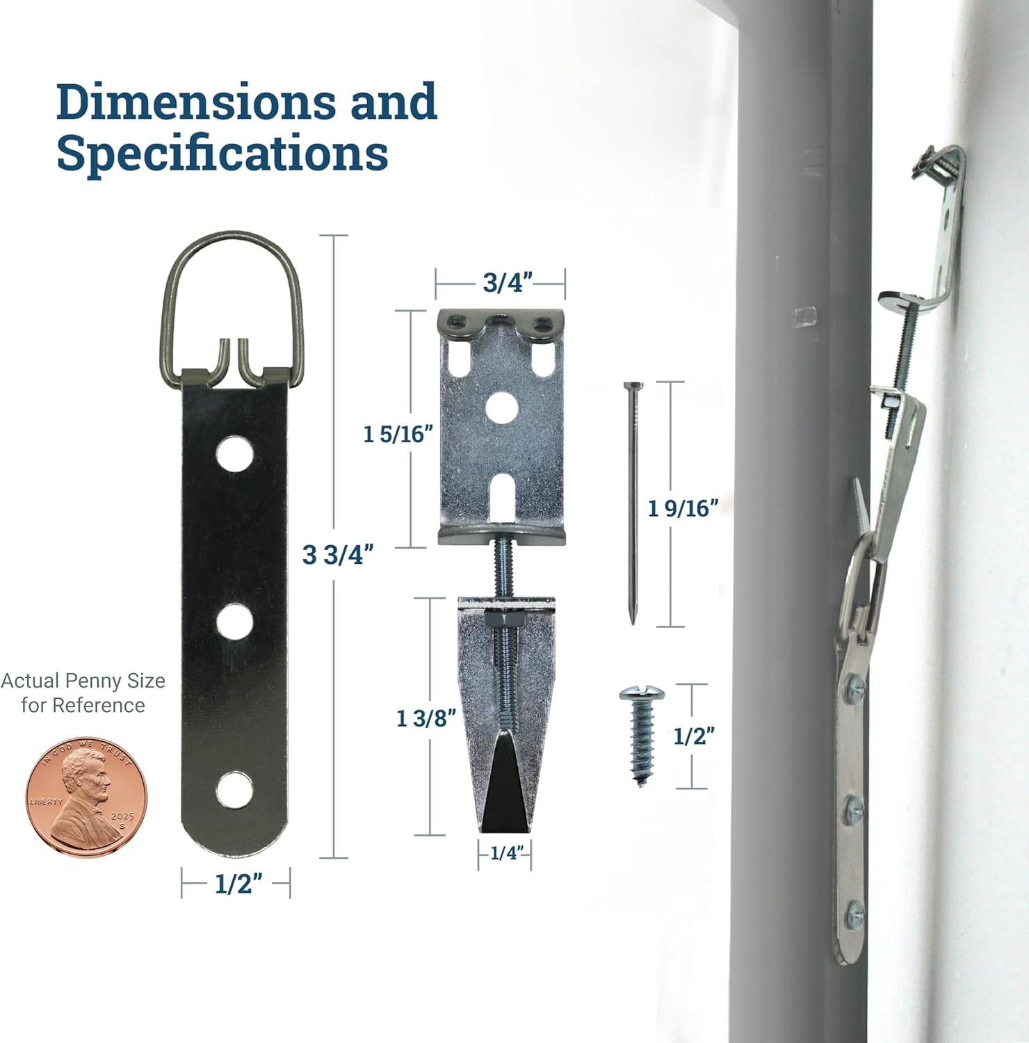 Image showing a side view of a mirror hanging on a wall, illustrating how the strap hanger engages with the adjustable J-hook, with a screwdriver adjusting the J-hook.
