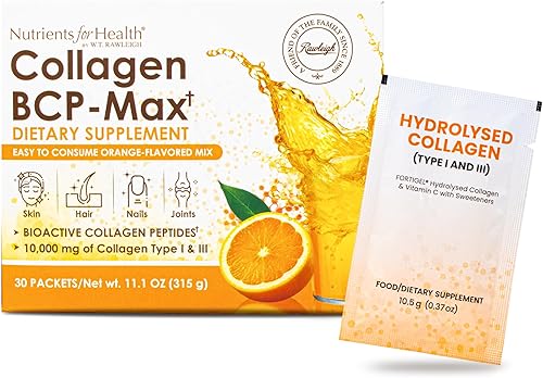 Rawleigh Colágeno BCP-Max 30 bolsitas aptas para viajes - Delicioso concentrado con sabor a naranja, 10,000 mg de péptidos de colágeno hidrolizados