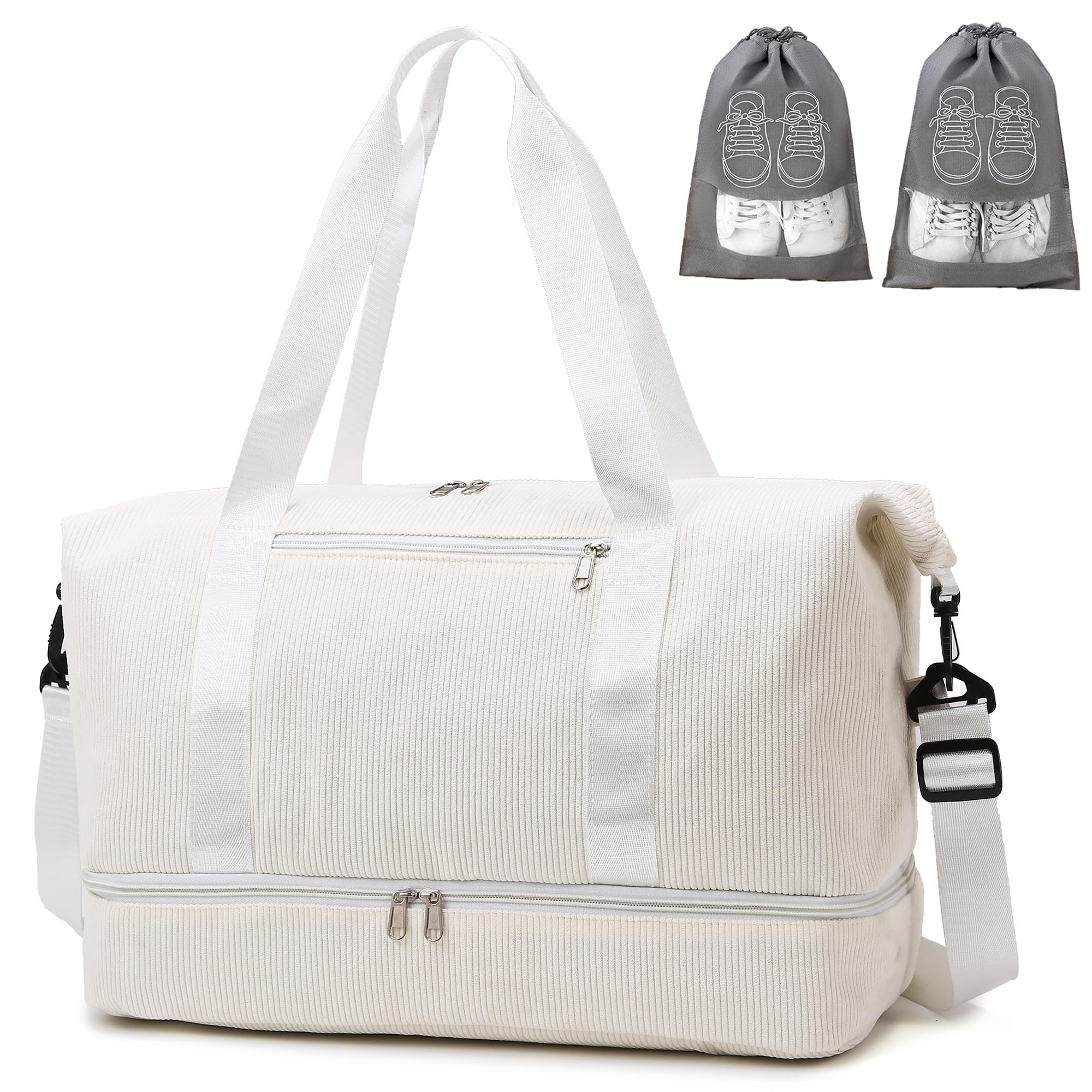 Ibalulu Womens Sports Bag, 35L Travel Duffel Bag with 2 Shoe Bags, Weekender Bag with Shoe Compartment & Wet Compartment for Training, Gym, Travel, Vacation (Beige)