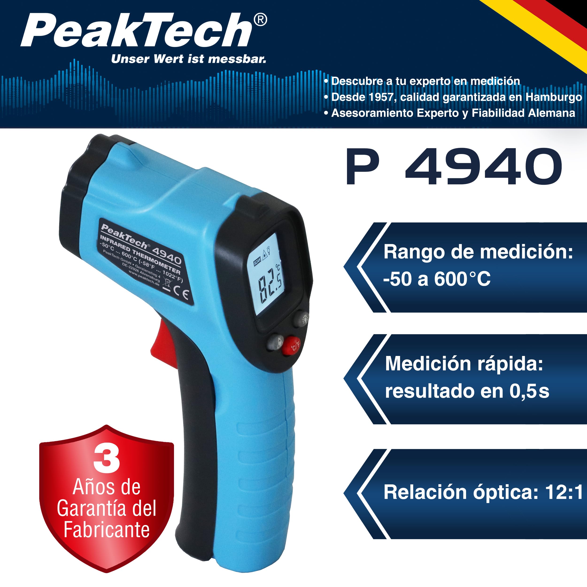 PeakTech 4940 Termómetro infrarrojos láser -50°C 600°C relación 12:1 medición rápida temperatura superficial 0,5s