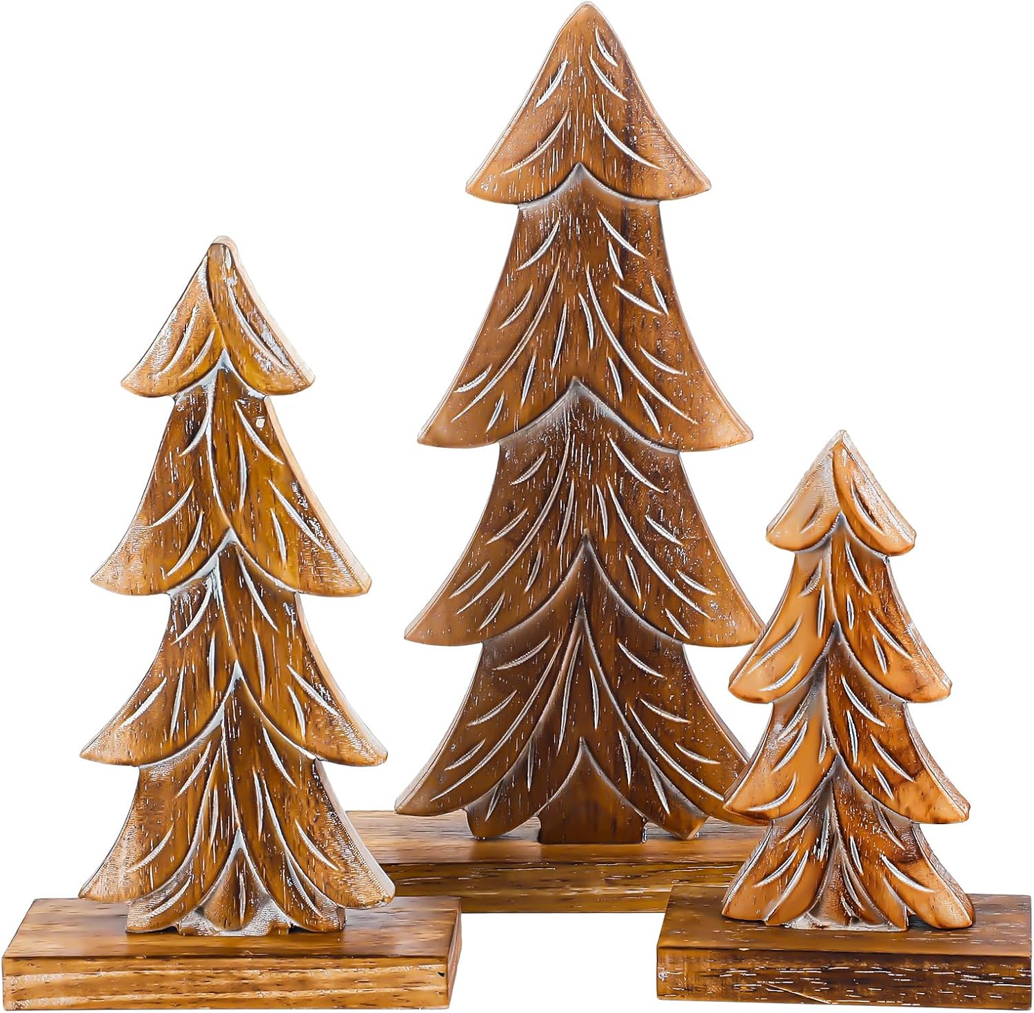 Cinnvoice 3 Set Handmade Carved Wooden Christmas Trees Tabletop Holiday Winter Christmas Trees Tabletop Decoration with Rectangular Base Rustic Xmas Centerpieces for Farmhouse Home Mantel Shelf Decor