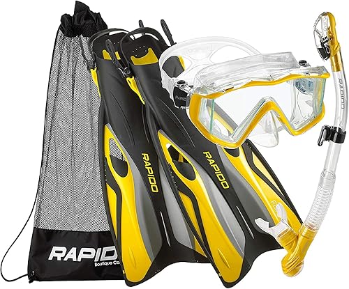 Vista 19 de Phantom Aquatics Rapido Boutique Collection Clareza Three Window Tempered Glass Lens Mask Fin Snorkel Set with Snorkeling Gear Carry Bag