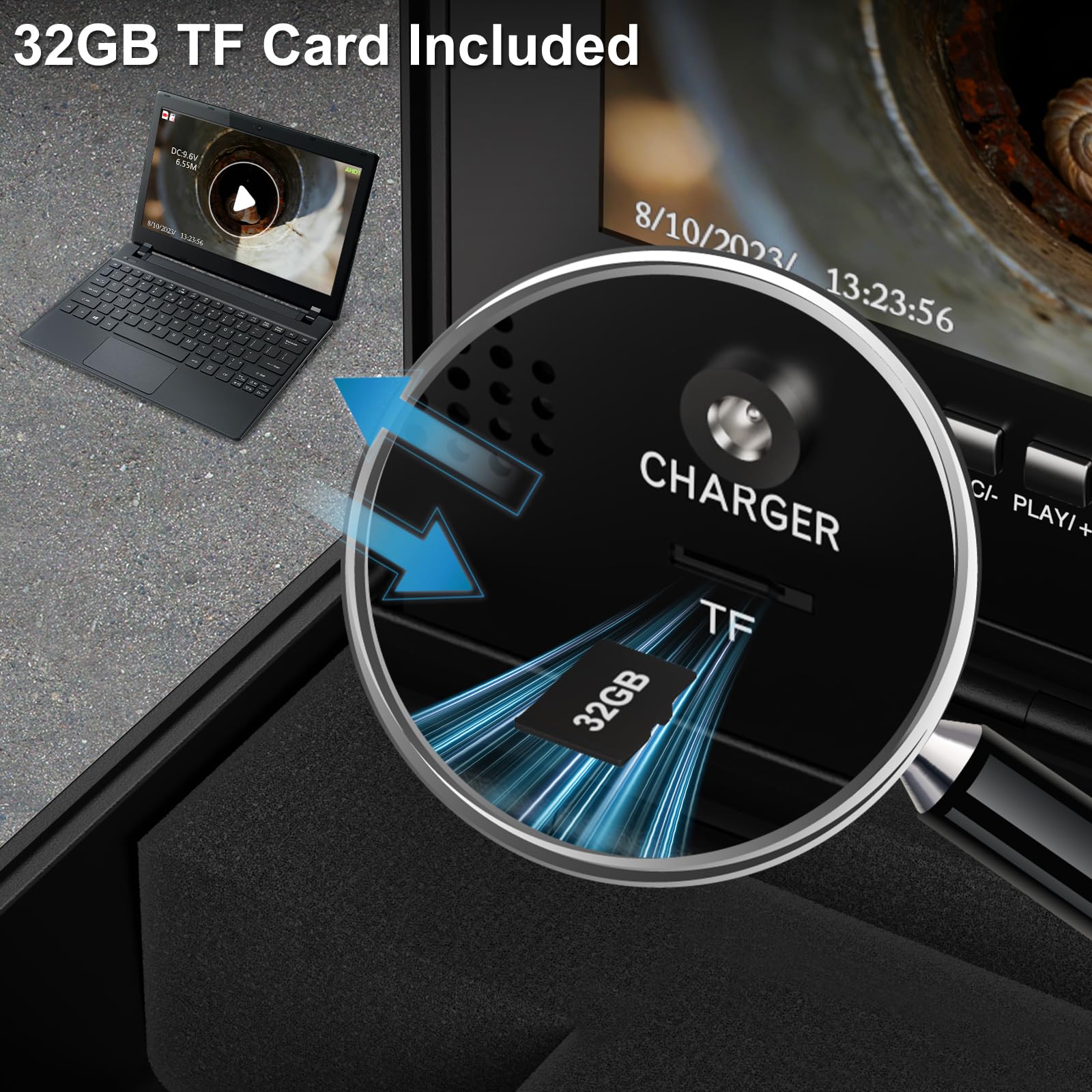 Cámara de Alcantarillado con Localizador 512Hz, Cámara Inspección Tuberías Auto Nivelante 23mm 1080P, Pantalla IPS 9", IP68 Impermeable, Contador de Metros, Batería 4500mAh, Tarjeta 32GB
