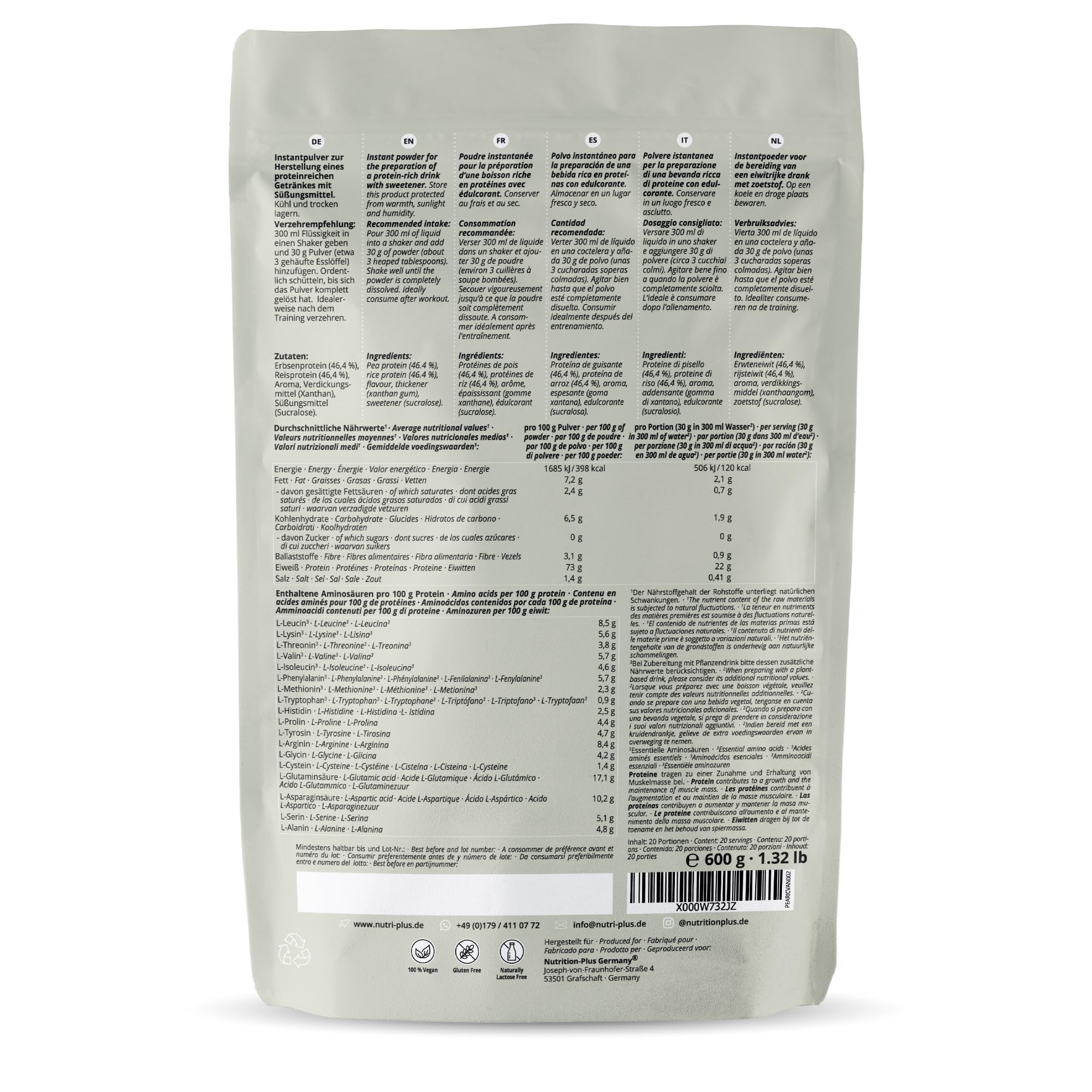 Proteine vegane in polvere senza soia - Vaniglia 600 g - Proteine vegan senza glutine, lattosio, zucchero - Nutri + Lean Vhey Pea Protein - Proteina in polvere vegana - Made in Germany